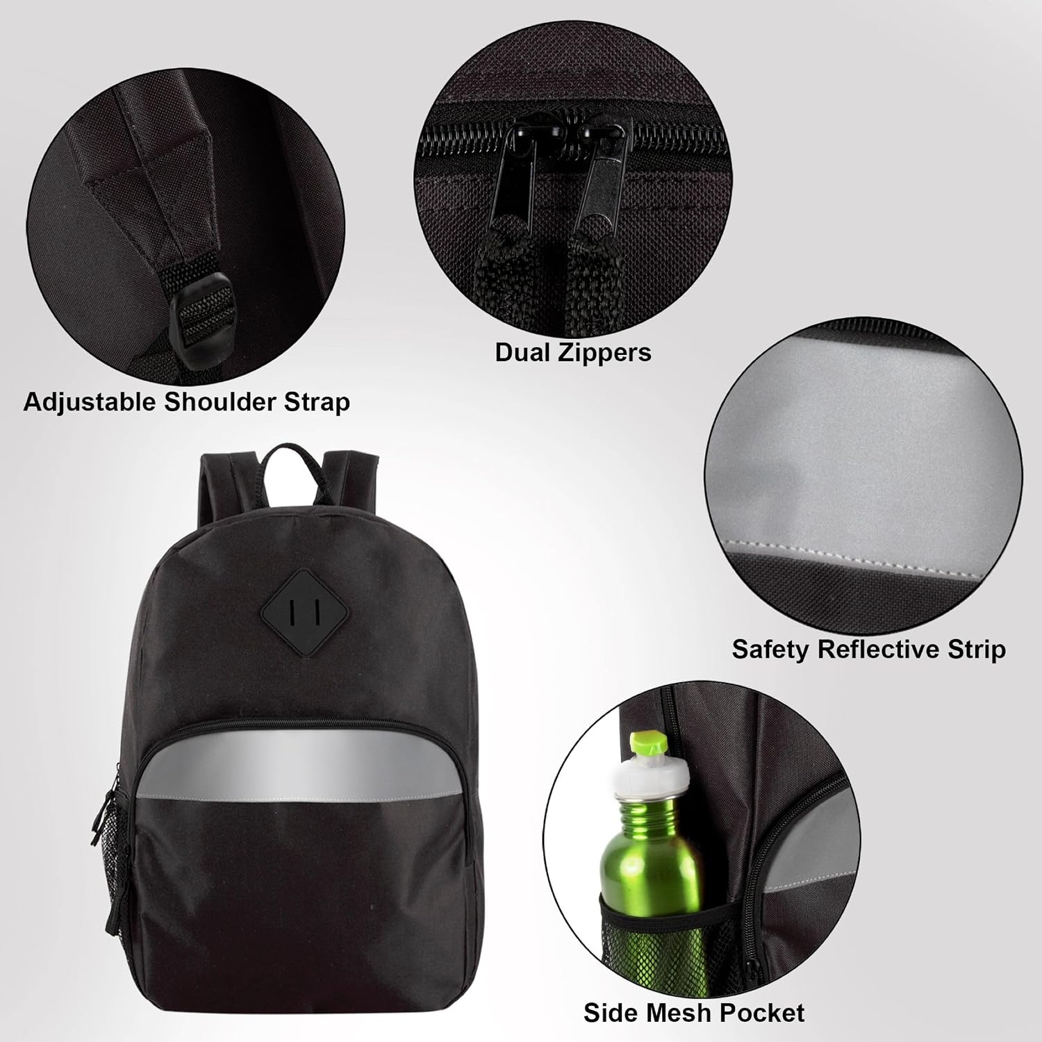 Trail maker (24 Pack) 17″ Backpack – Reflective School Backpack with Padded Straps, Water Bottle Pockets for Young Adults, Travel, Camp (Multi Color Pack)(Black)
