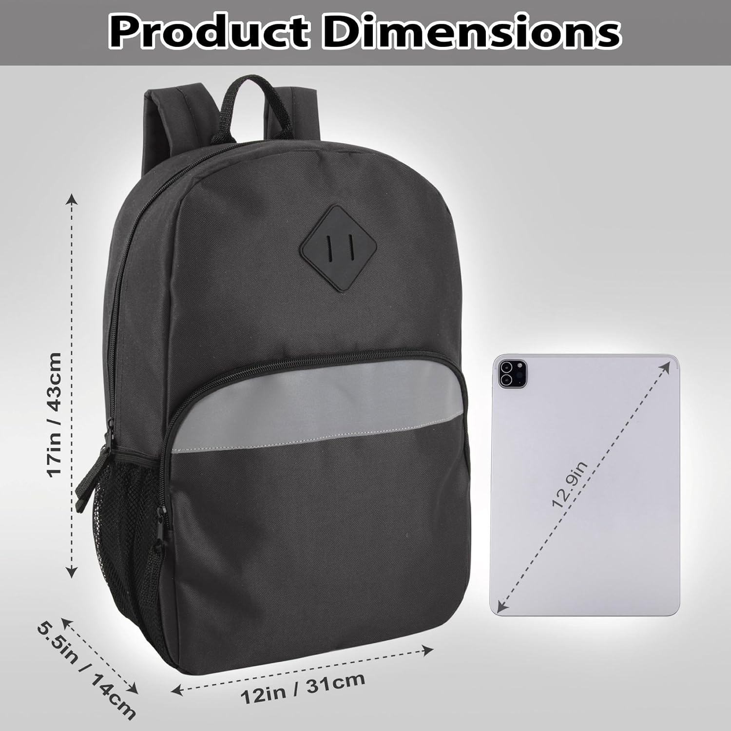 Trail maker (24 Pack) 17″ Backpack – Reflective School Backpack with Padded Straps, Water Bottle Pockets for Young Adults, Travel, Camp (Multi Color Pack)(Black)
