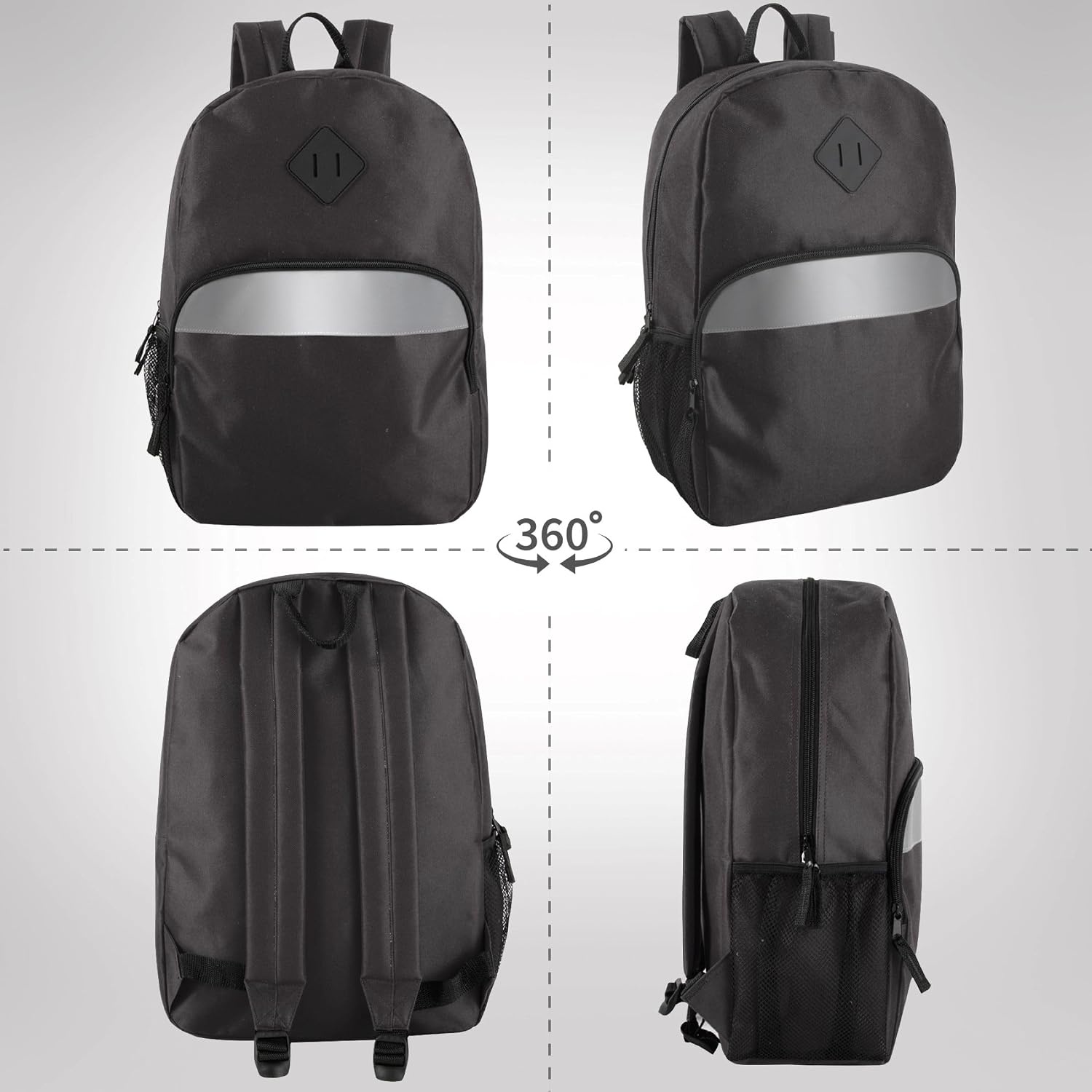 Trail maker (24 Pack) 17″ Backpack – Reflective School Backpack with Padded Straps, Water Bottle Pockets for Young Adults, Travel, Camp (Multi Color Pack)(Black)