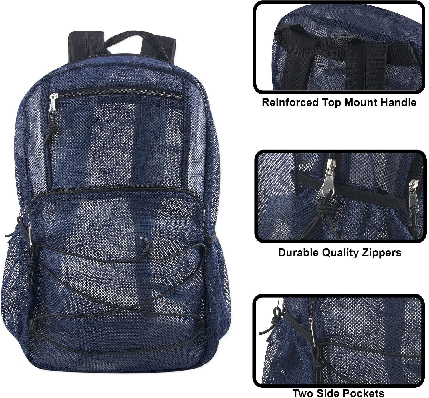 Trail maker Deluxe See Through Mesh Backpack with Bungee Cord & Adjustable Padded Straps for Swimming, Travel (Aqua)(Navy)