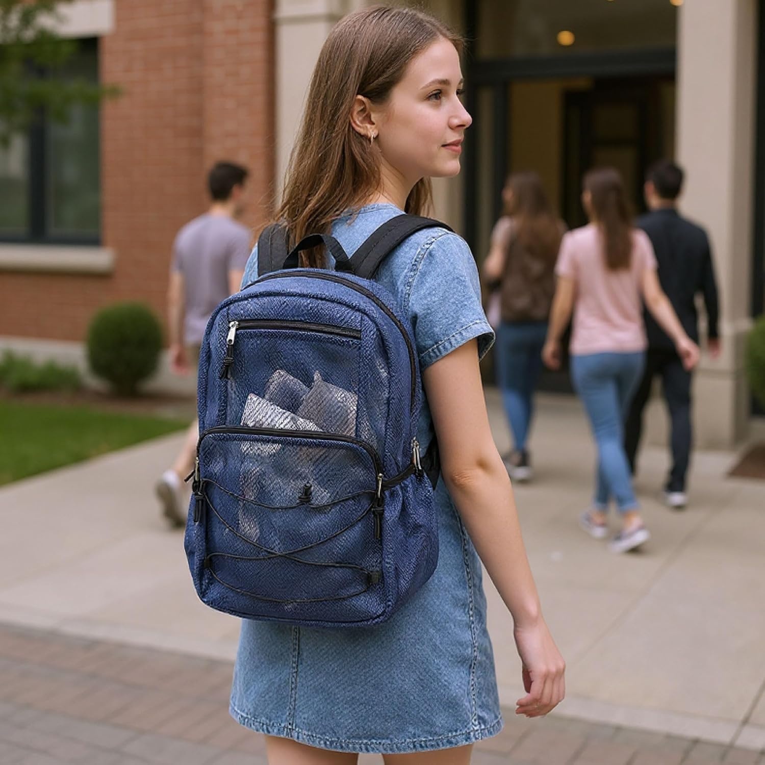 Trail maker Deluxe See Through Mesh Backpack with Bungee Cord & Adjustable Padded Straps for Swimming, Travel (Aqua)(Navy)