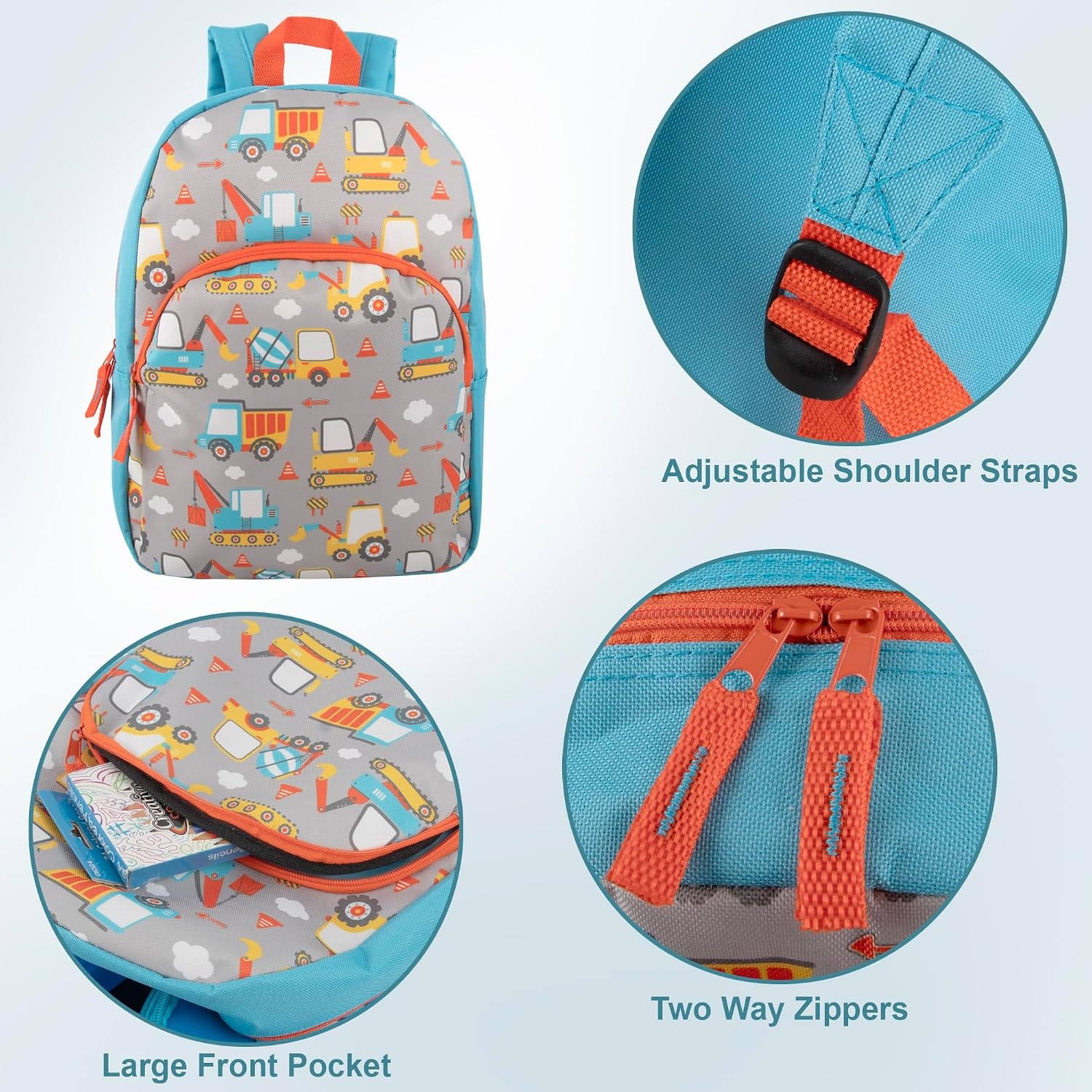 Trail maker 15 Inch Kids Backpacks for Boys & Girls | Preschool, Kindergarten, Elementary School Backpacks with Adjustable, Padded Straps (Prehistoric Pals)(Construction Trucks)