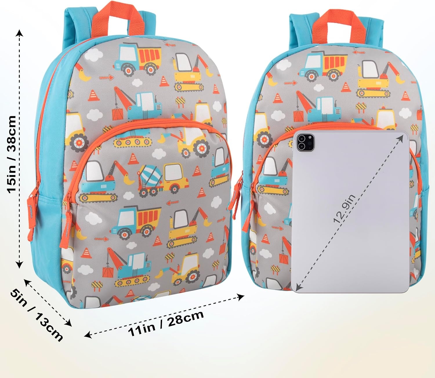 Trail maker 15 Inch Kids Backpacks for Boys & Girls | Preschool, Kindergarten, Elementary School Backpacks with Adjustable, Padded Straps (Prehistoric Pals)(Construction Trucks)