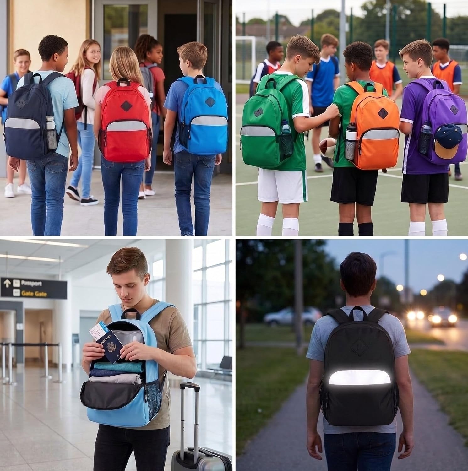 Trail maker (24 Pack) 17″ Backpack – Reflective School Backpack with Padded Straps, Water Bottle Pockets for Young Adults, Travel, Camp (Multi Color Pack)(Grey)