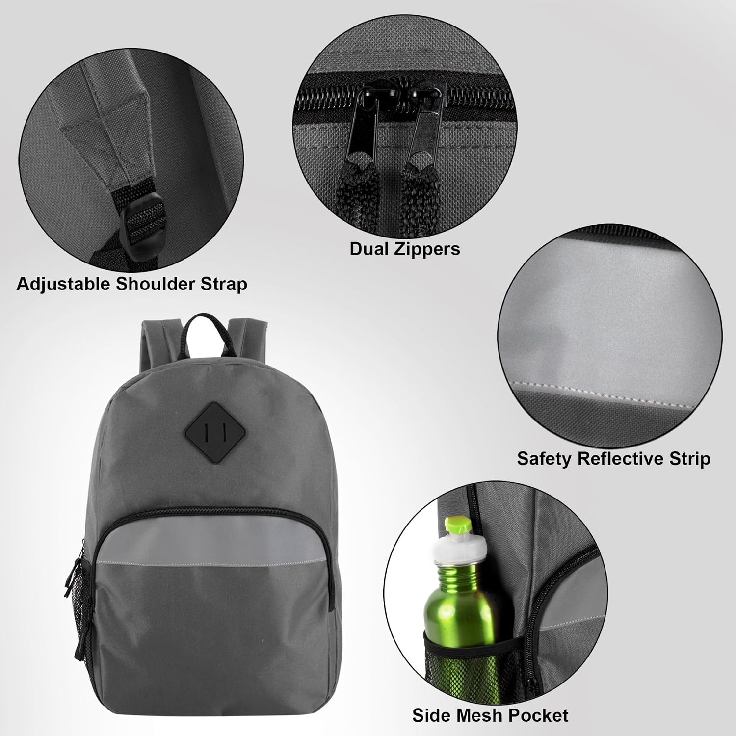 Trail maker (24 Pack) 17″ Backpack – Reflective School Backpack with Padded Straps, Water Bottle Pockets for Young Adults, Travel, Camp (Multi Color Pack)(Grey)