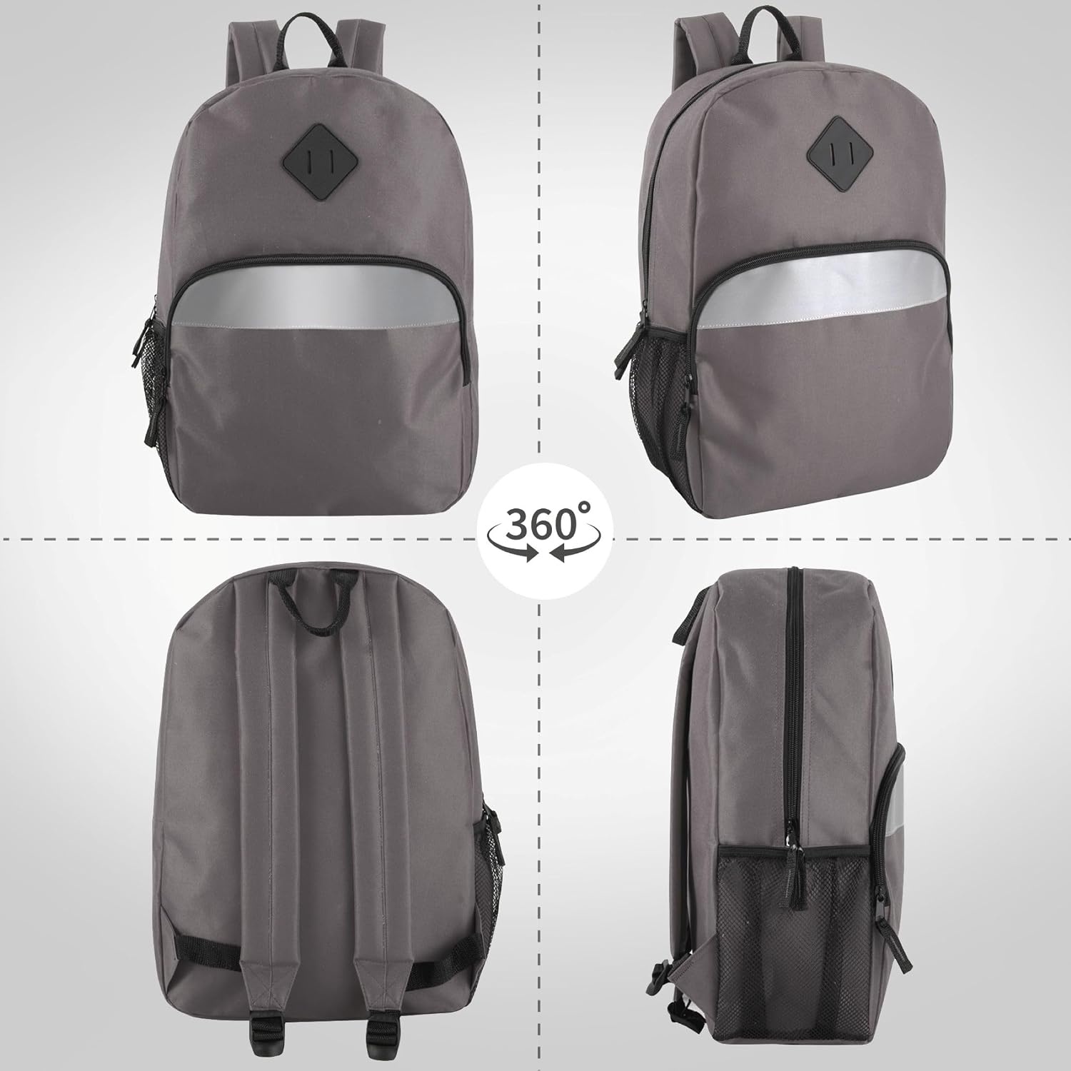 Trail maker (24 Pack) 17″ Backpack – Reflective School Backpack with Padded Straps, Water Bottle Pockets for Young Adults, Travel, Camp (Multi Color Pack)(Grey)