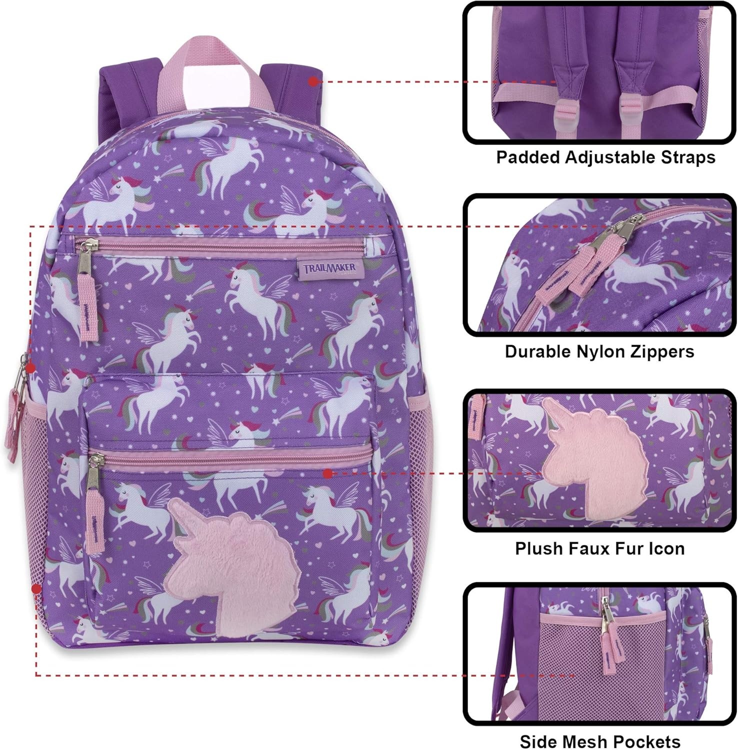 Trail maker 17 Kids Character School Backpacks Plush for Girls with Side Pockets, Padded Straps(Plush Unicorn Love)