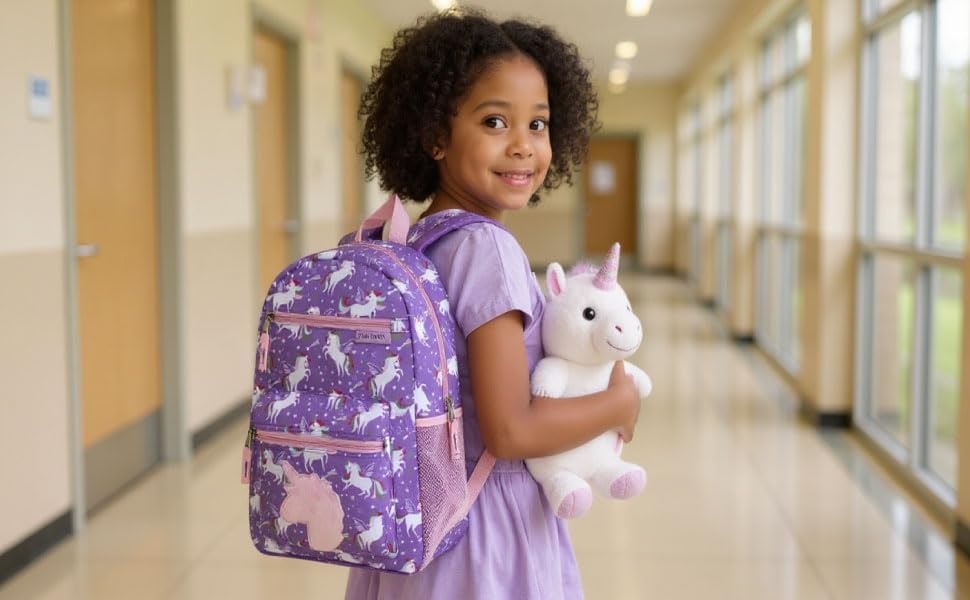 Trail maker 17 Kids Character School Backpacks Plush for Girls with Side Pockets, Padded Straps(Plush Unicorn Love)