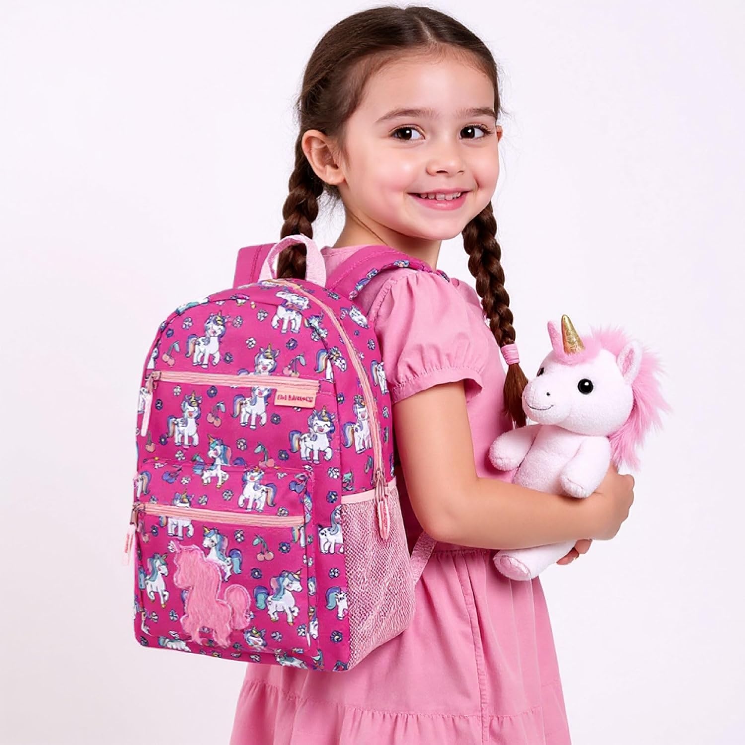 Trail maker 17 Kids Character School Backpacks Plush for Girls with Side Pockets, Padded Straps(Plush Cherry Unicorns)