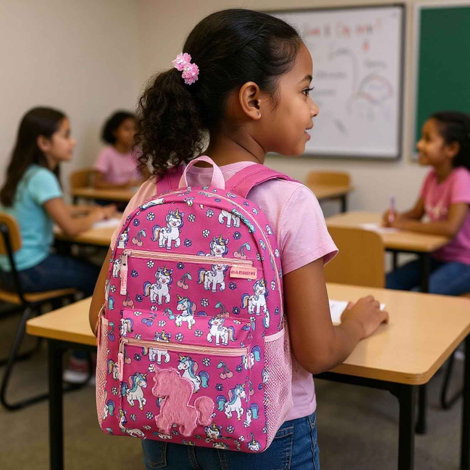 Trail maker 17 Kids Character School Backpacks Plush for Girls with Side Pockets, Padded Straps(Plush Cherry Unicorns)