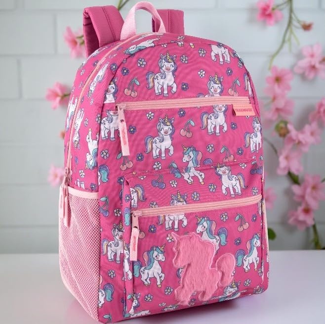 Trail maker 17 Kids Character School Backpacks Plush for Girls with Side Pockets, Padded Straps(Plush Cherry Unicorns)