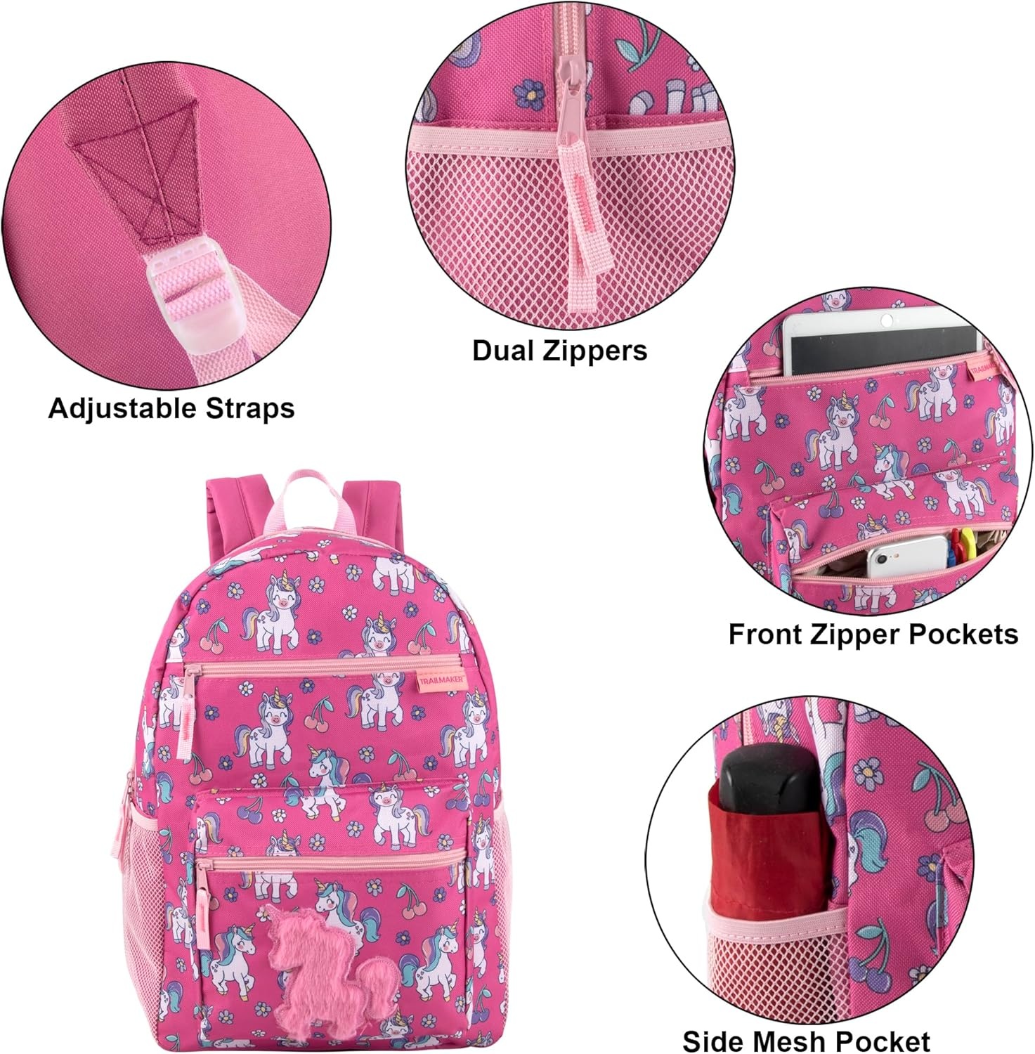 Trail maker 17 Kids Character School Backpacks Plush for Girls with Side Pockets, Padded Straps(Plush Cherry Unicorns)