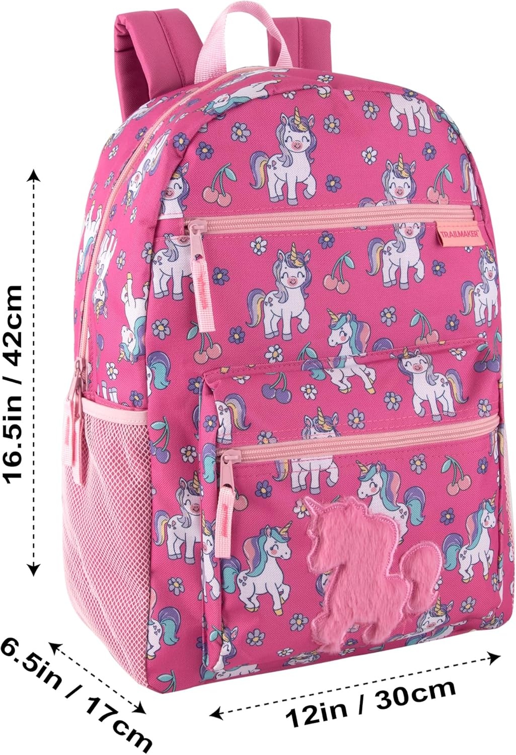 Trail maker 17 Kids Character School Backpacks Plush for Girls with Side Pockets, Padded Straps(Plush Cherry Unicorns)