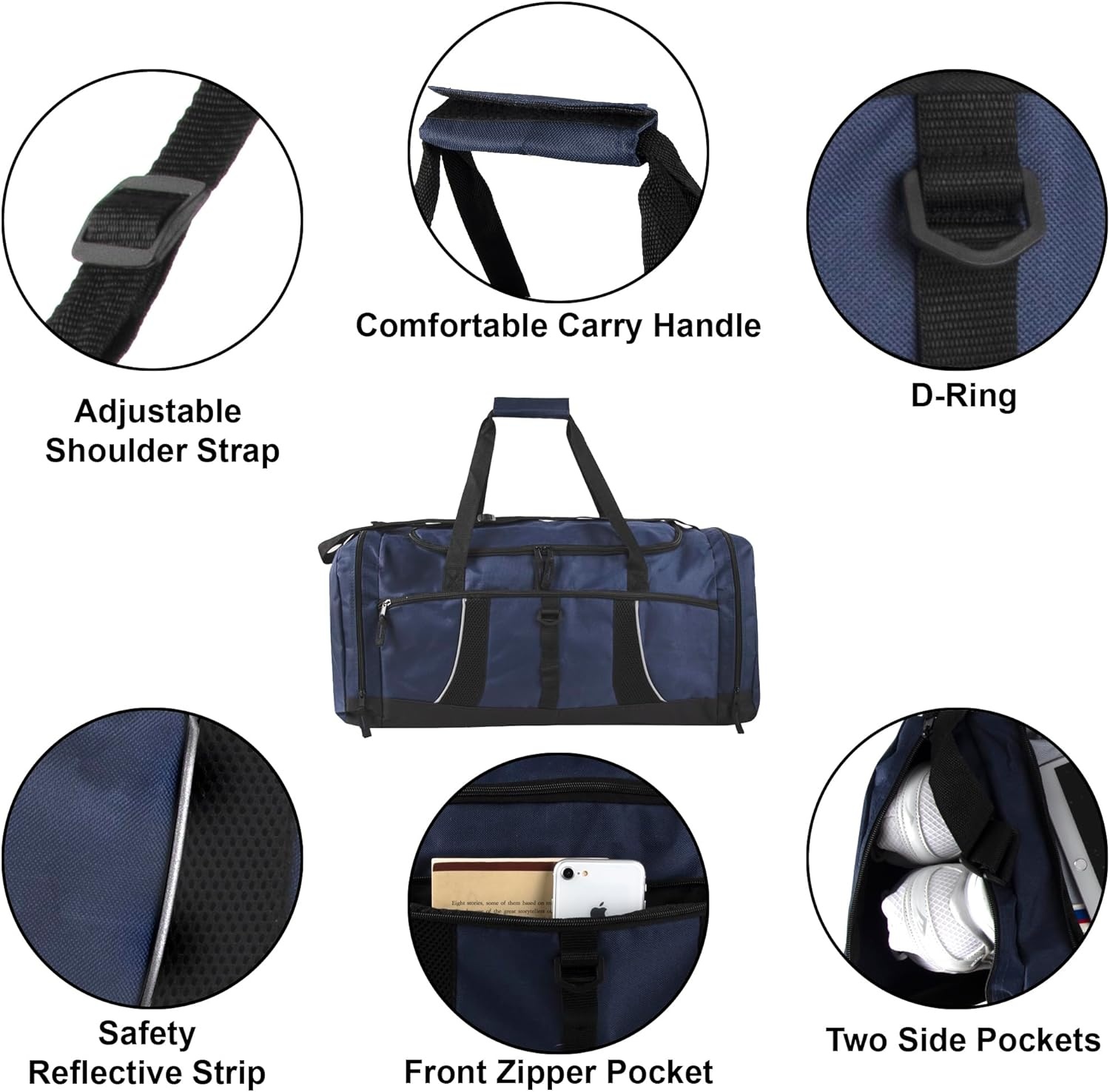 Extra Large 26 Inch 79 Liter Duffel Bag 48 Inch Long Shoulder Strap, Reflective Piping for Travel, Gym, Sports, Track, Field, Men, Women in Navy Blue(Navy Blue)