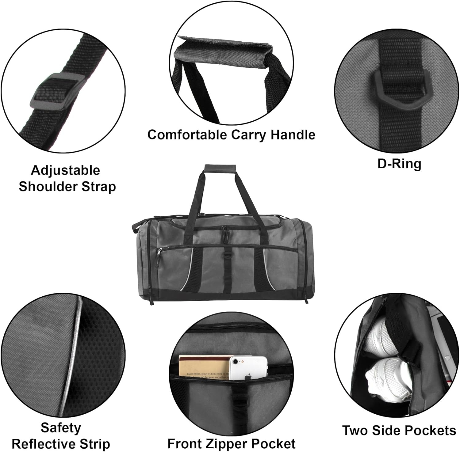 24 pack Extra Large 26 Inch 79 Liter Duffel Bags 48 Inch Shoulder Strap, Reflective Piping for Travel, Gym, Sports, Track, Field in Navy Blue(Gray)