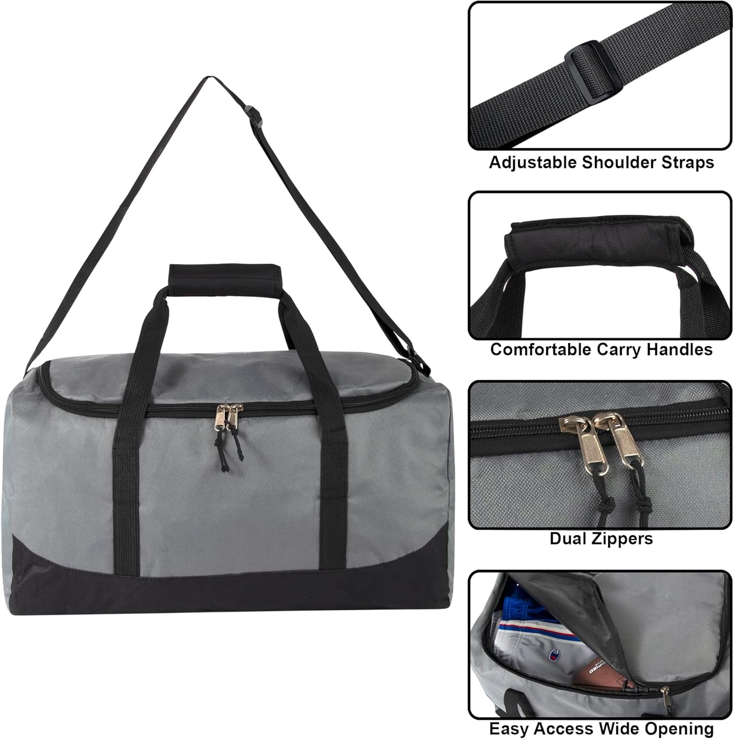 20 Inch, 40 Liter Duffel Bag for Men, Women Travel Weekender Overnight Carry-on Shoulder Duffel Tote Bag (Black)(Grey)