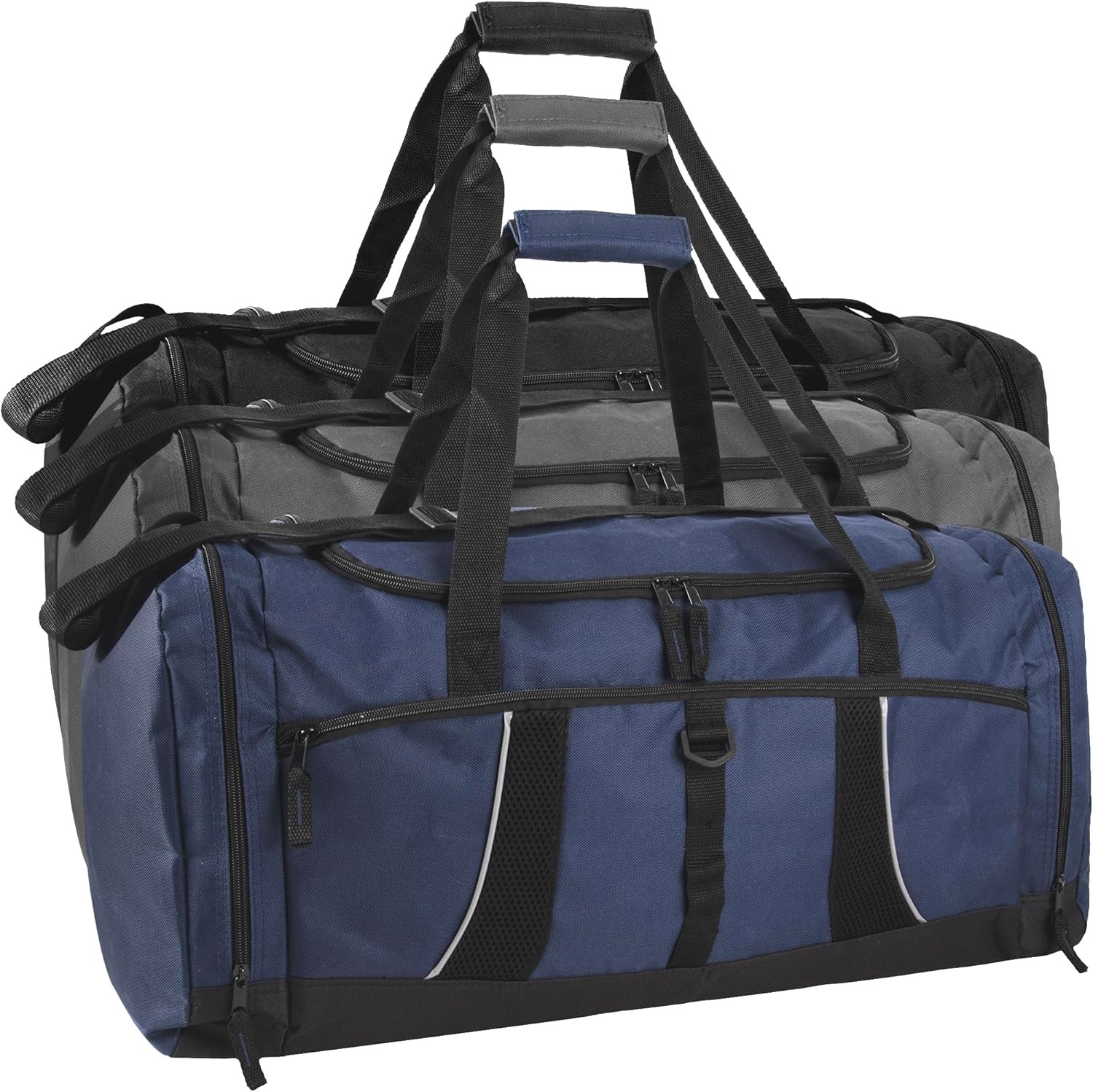 24 pack Extra Large 26 Inch 79 Liter Duffel Bags 48 Inch Shoulder Strap, Reflective Piping for Travel, Gym, Sports, Track, Field in Navy Blue(Assorted Colors)