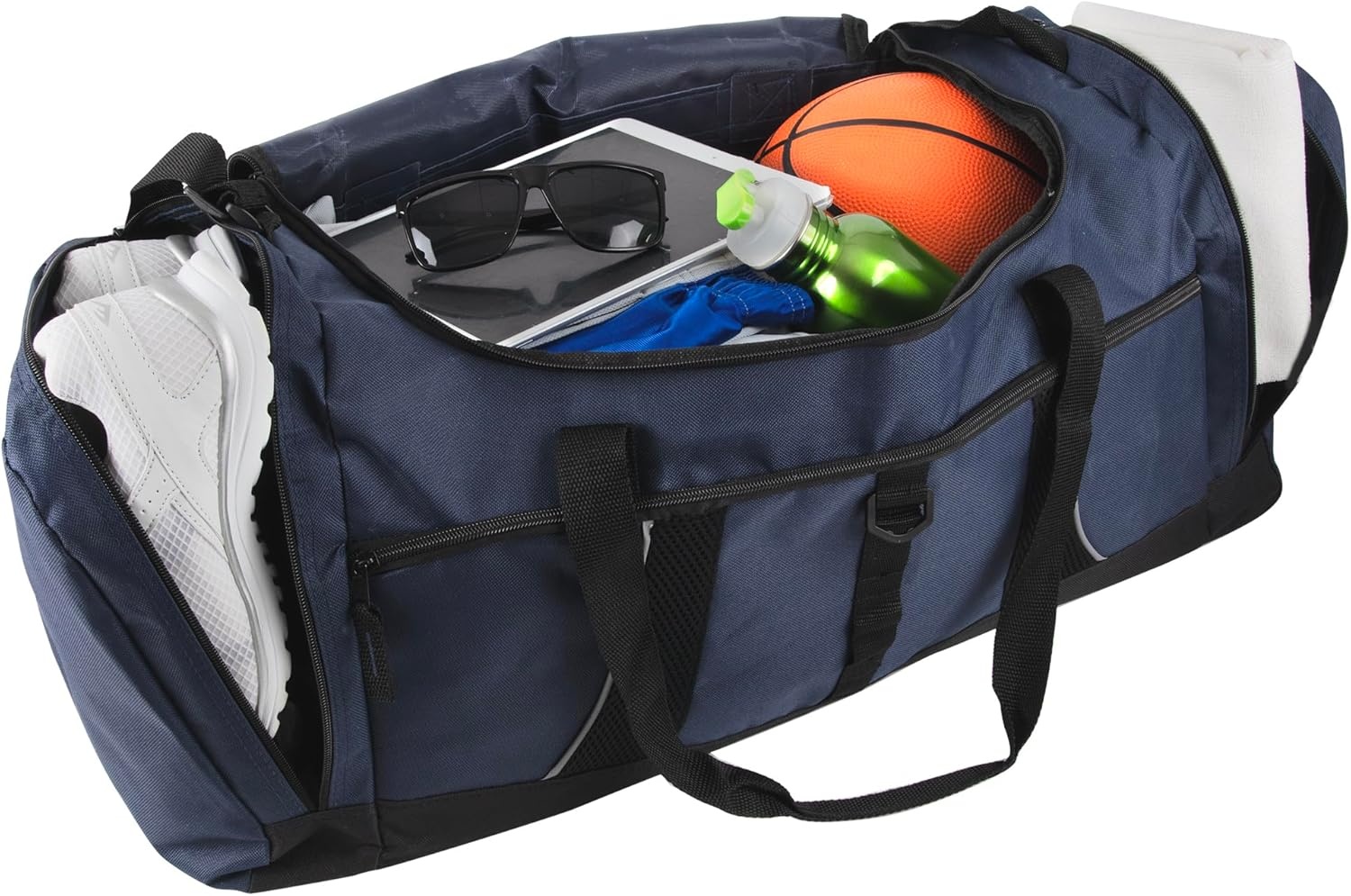 24 pack Extra Large 26 Inch 79 Liter Duffel Bags 48 Inch Shoulder Strap, Reflective Piping for Travel, Gym, Sports, Track, Field in Navy Blue(Navy Blue)