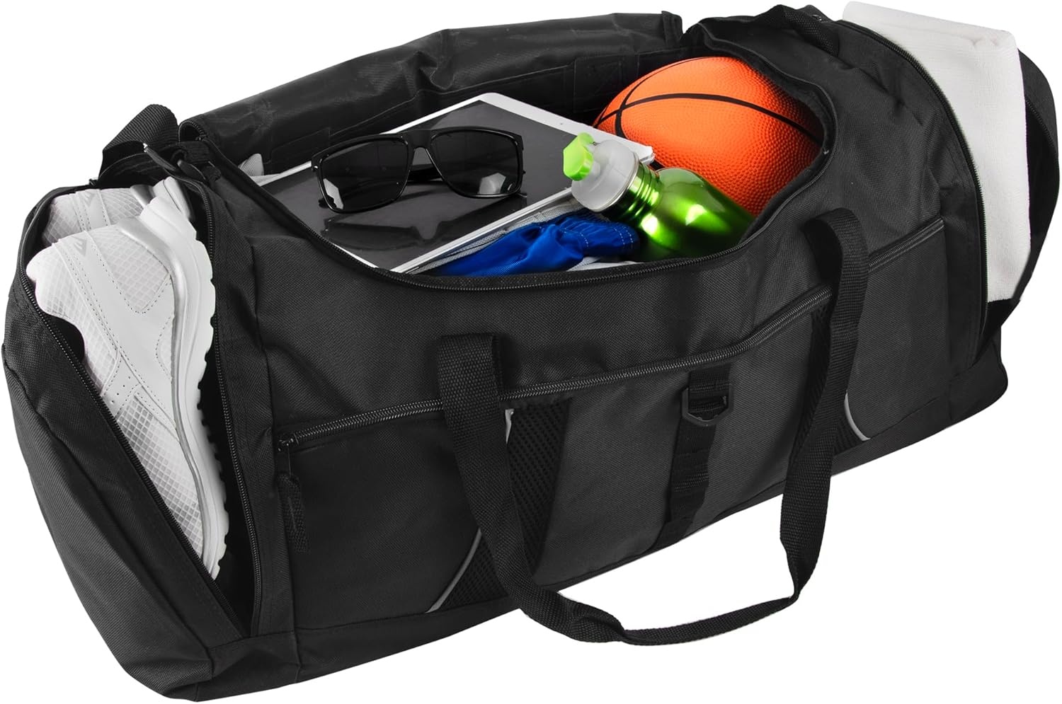 24 pack Extra Large 26 Inch 79 Liter Duffel Bags 48 Inch Shoulder Strap, Reflective Piping for Travel, Gym, Sports, Track, Field in Navy Blue(Black)