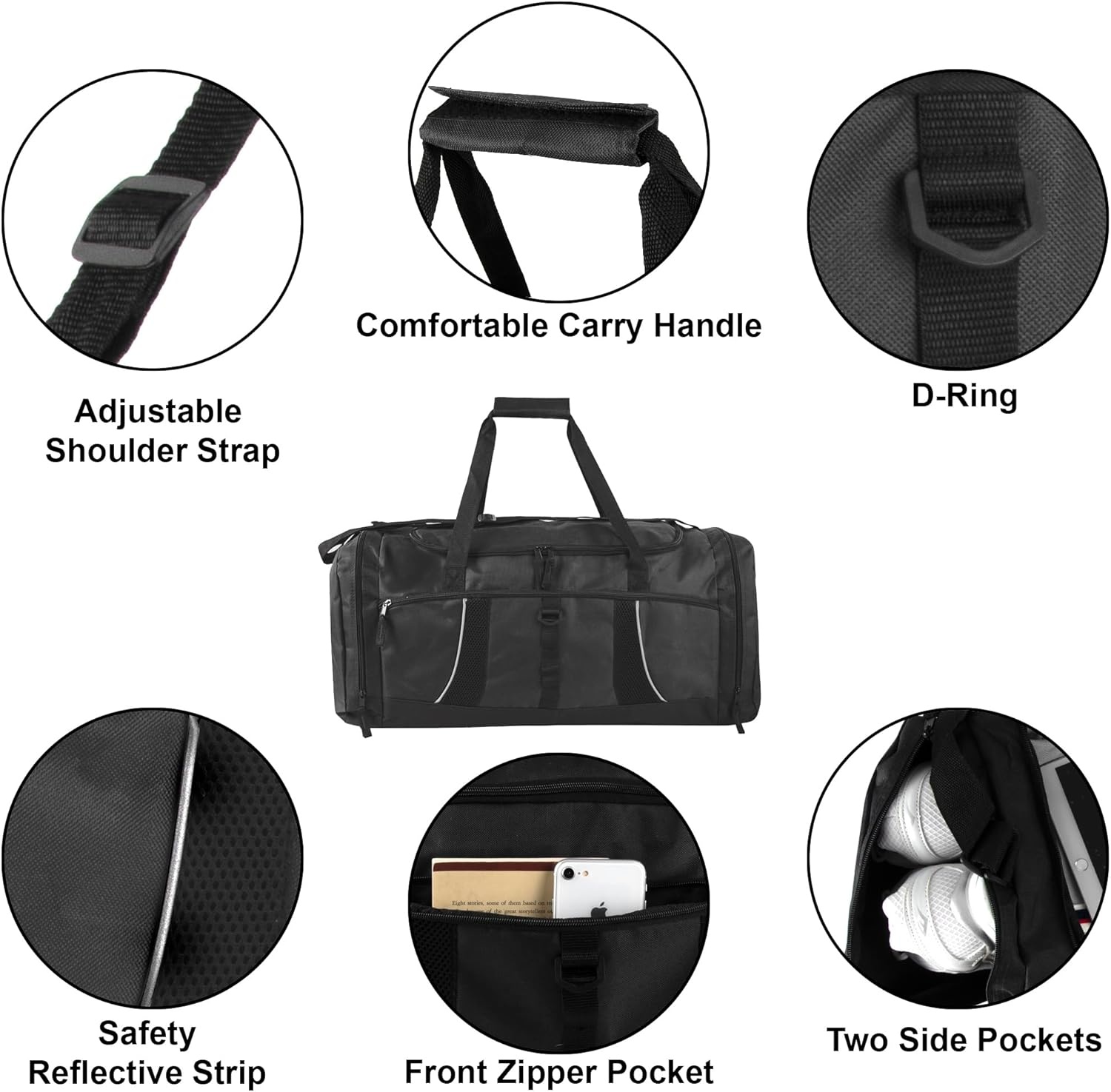 24 pack Extra Large 26 Inch 79 Liter Duffel Bags 48 Inch Shoulder Strap, Reflective Piping for Travel, Gym, Sports, Track, Field in Navy Blue(Black)
