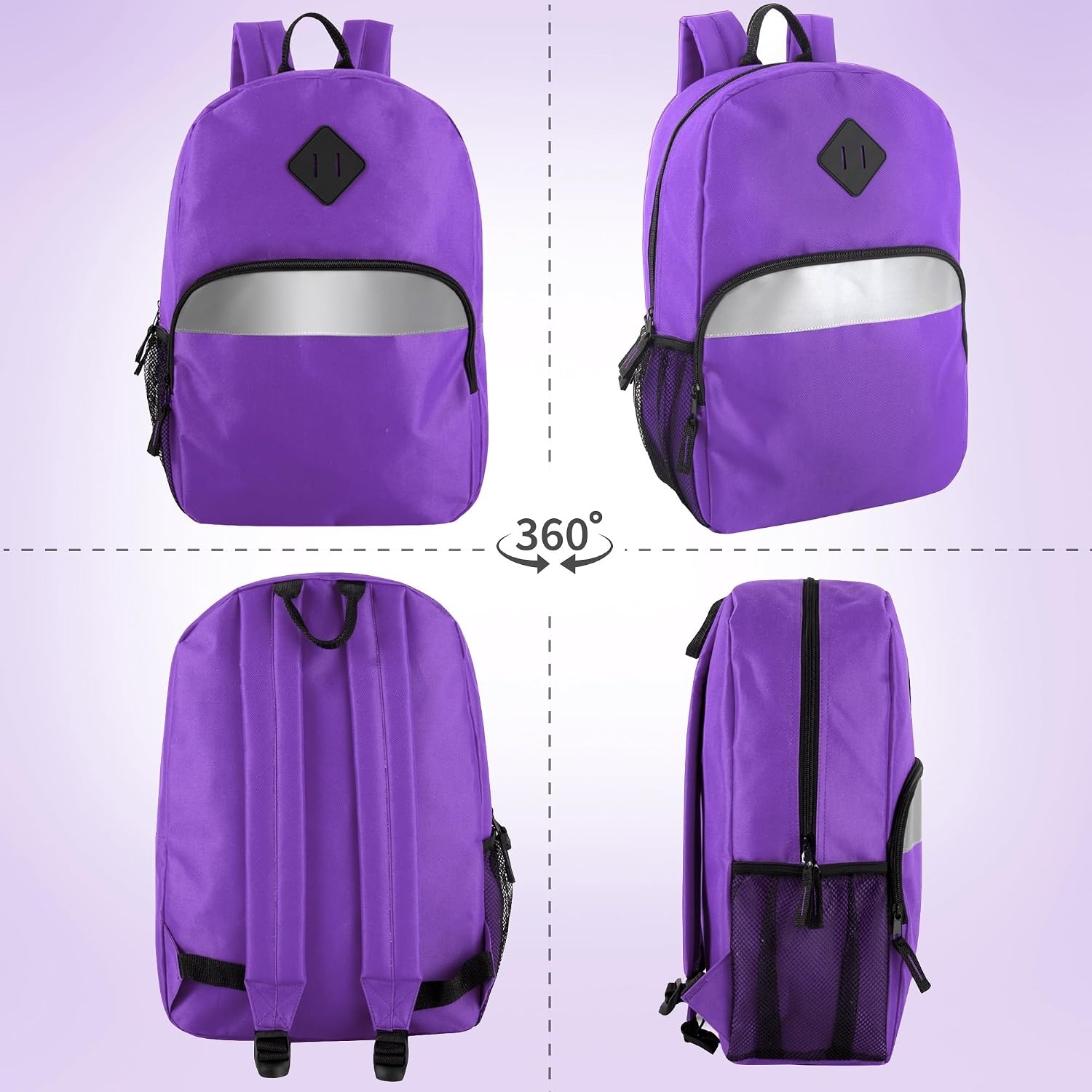 Trail maker Bulk Kids Reflective Backpack Wholesale 24 Pack Backpacks with Side Pockets, Padded (10 Colors Pack)(Purple)