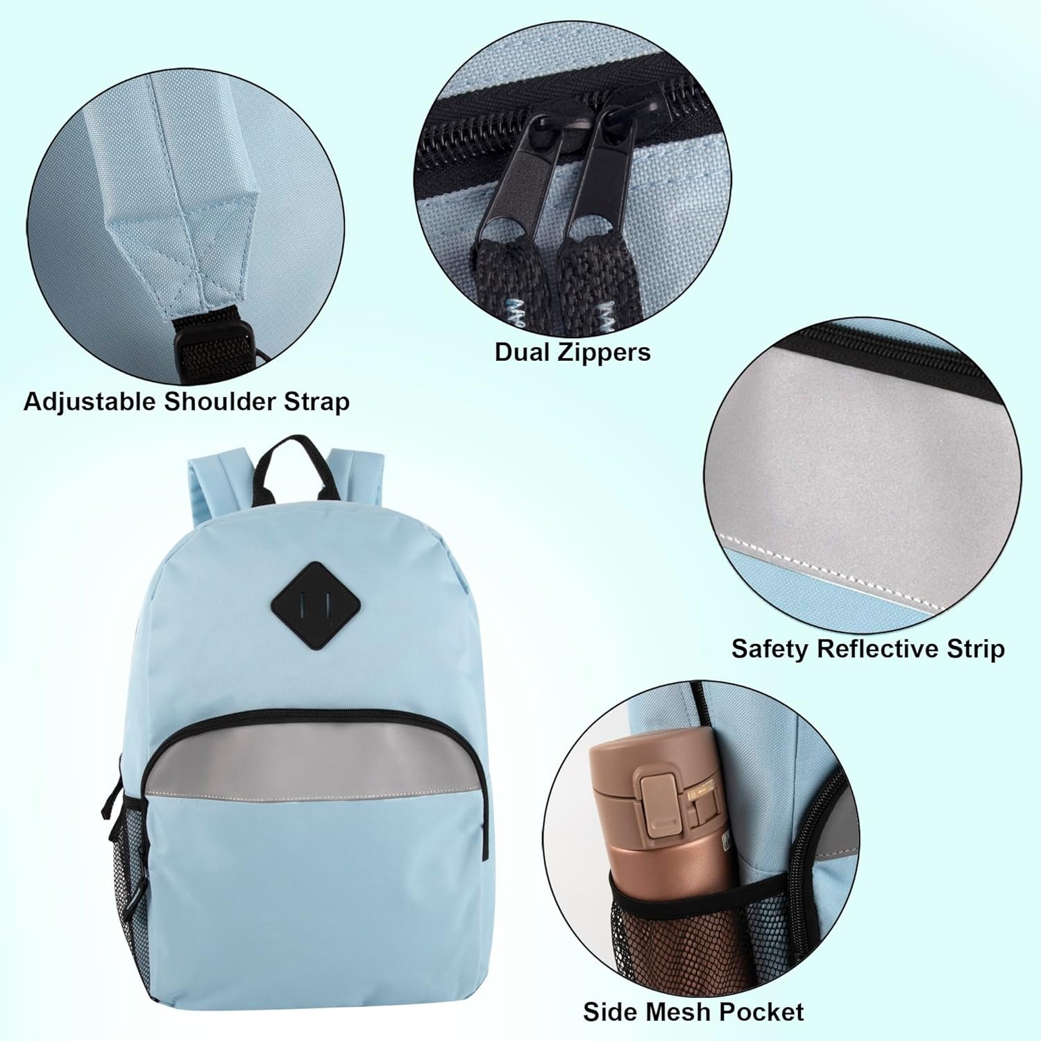 Trail maker Bulk Kids Reflective Backpack Wholesale 24 Pack Backpacks with Side Pockets, Padded (10 Colors Pack)(10 Colors Pack)