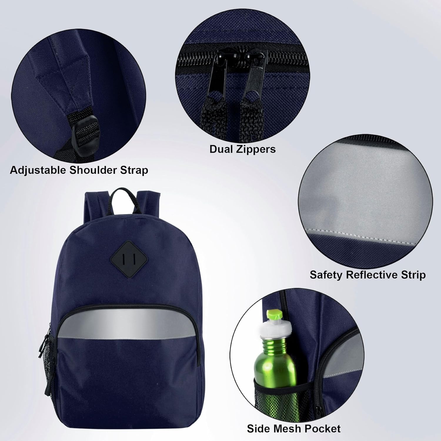 Trail maker Bulk Kids Reflective Backpack Wholesale 24 Pack Backpacks with Side Pockets, Padded (10 Colors Pack)(Navy)