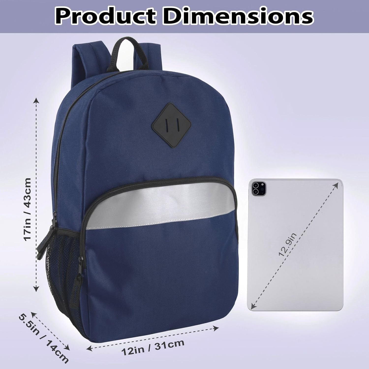 Trail maker Bulk Kids Reflective Backpack Wholesale 24 Pack Backpacks with Side Pockets, Padded (10 Colors Pack)(Navy)