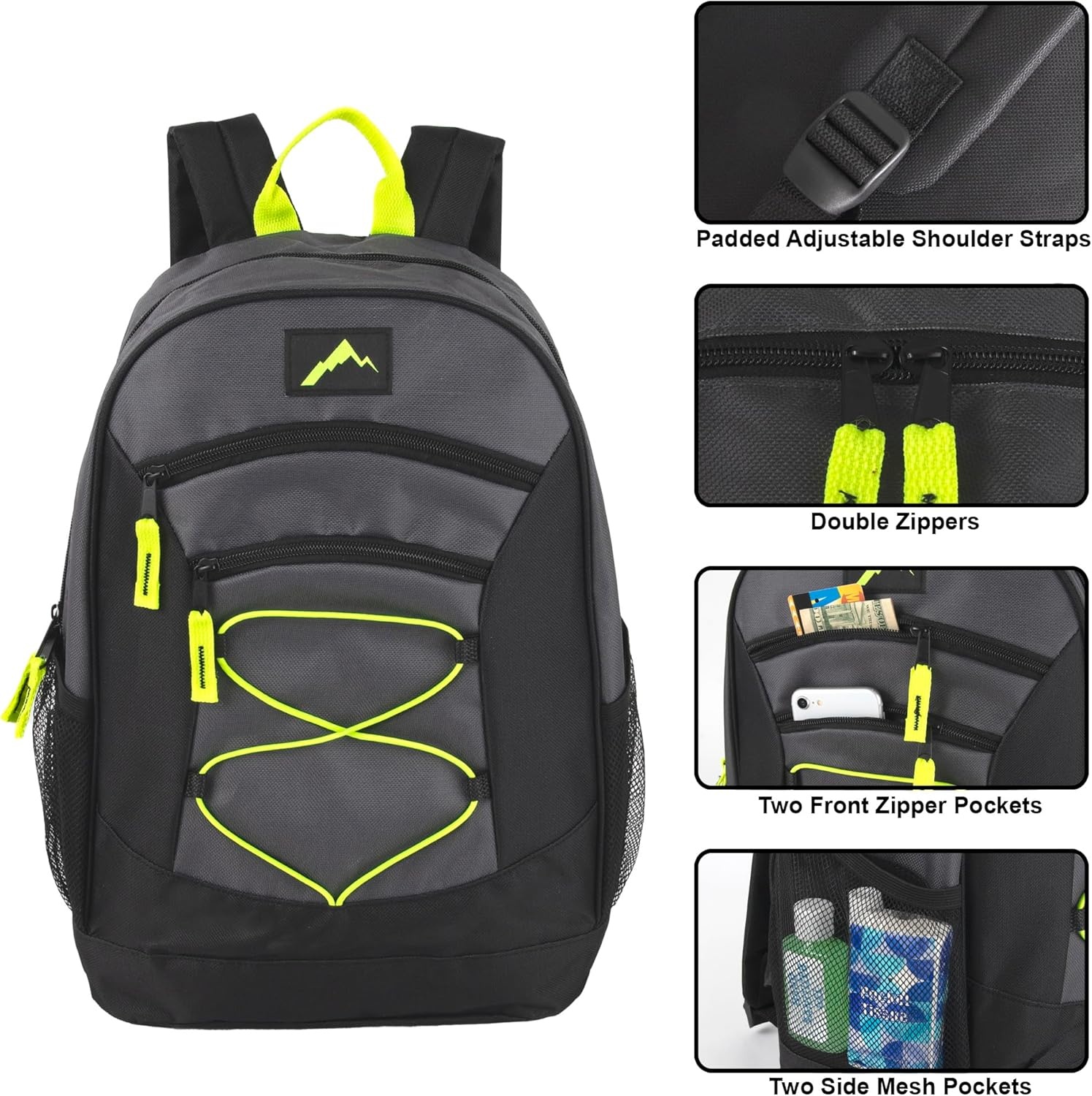 Trail maker 18 Inch Bulk Backpacks with Bungee Cord, Padded Adjustable Straps 24 Pack of Wholesale Backpacks in Bulk for Kids, Adults (Boys Color Assortment)(Boys Color Assortment)