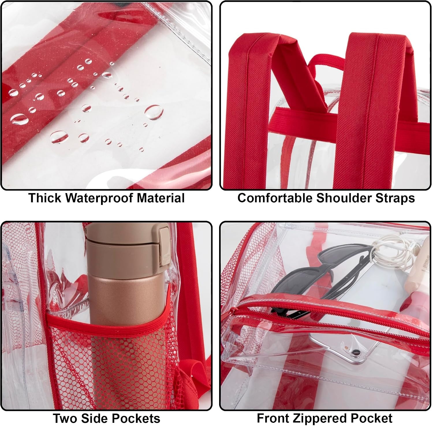 Trail maker Bulk Clear Backpacks Wholesale for School 24 Pack Clear Backpacks for Boys, Girls, School, Stadium, Travel (Assorted Colors Pack)(Red Pack)