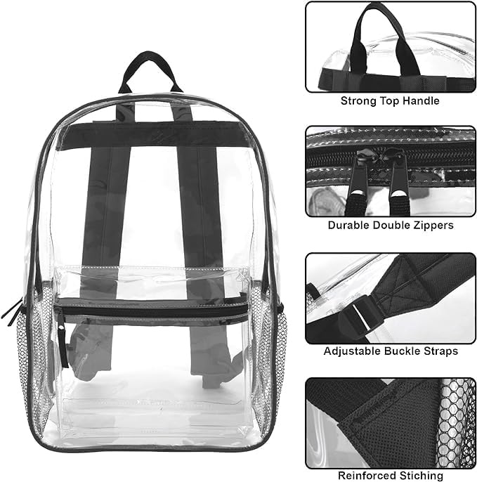 Trail maker Bulk Clear Backpacks Wholesale for School 24 Pack Clear Backpacks for Boys, Girls, School, Stadium, Travel (Assorted Colors Pack)(Black Pack)