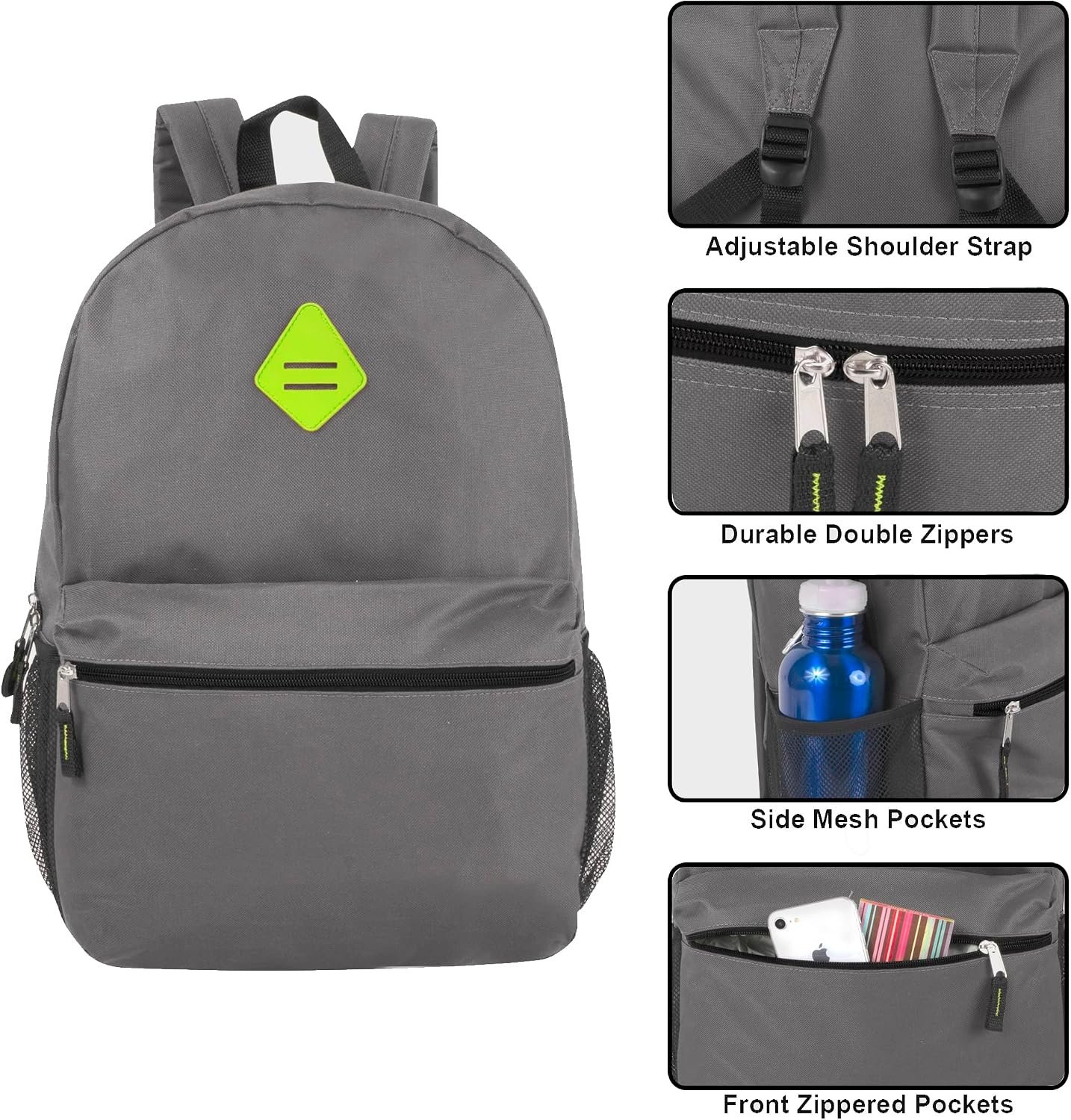 Trail maker 24 Pack 19 Inch Backpacks for Commute, Travel, Donation (Black) | Classic unisex design padded shoulder strap Side mesh water bottle pocket top carry handle Zipper Pocket gym travel bookbags((24 Pack) Gray)