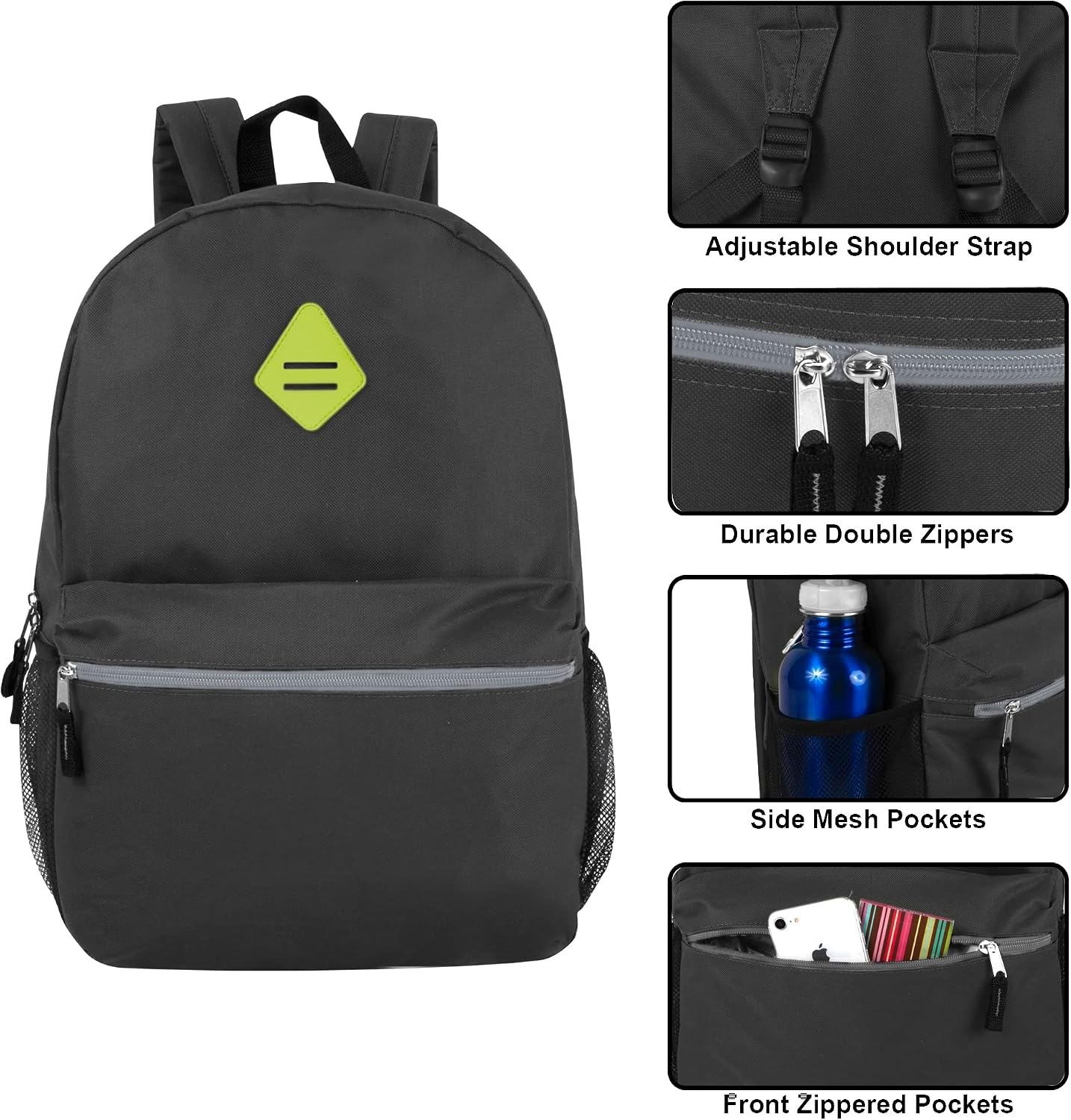 Trail maker 24 Pack 19 Inch Backpacks for Commute, Travel, Donation (Black) | Classic unisex design padded shoulder strap Side mesh water bottle pocket top carry handle Zipper Pocket gym travel bookbags((24 Pack) Black)