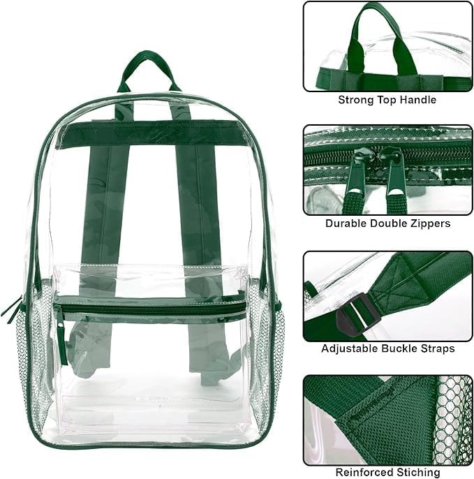 Trail maker Bulk Clear Backpacks Wholesale for School 24 Pack Clear Backpacks for Boys, Girls, School, Stadium, Travel (Assorted Colors Pack)(Green Pack)