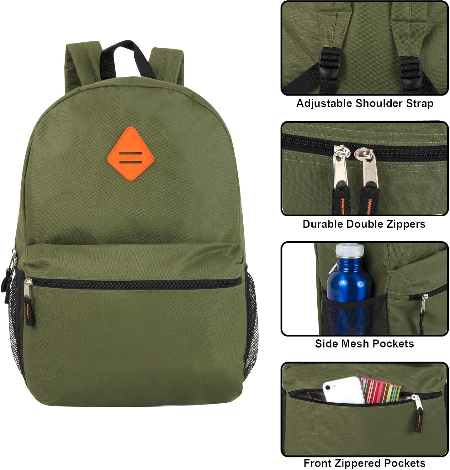 Trail maker 24 Pack 19 Inch Backpacks for Commute, Travel, Donation (Black) | Classic unisex design padded shoulder strap Side mesh water bottle pocket top carry handle Zipper Pocket gym travel bookbags((24 Pack) Olive Green)