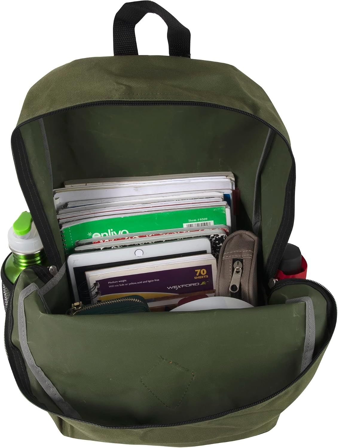 Trail maker 24 Pack 19 Inch Backpacks for Commute, Travel, Donation (Black) | Classic unisex design padded shoulder strap Side mesh water bottle pocket top carry handle Zipper Pocket gym travel bookbags((24 Pack) Olive Green)