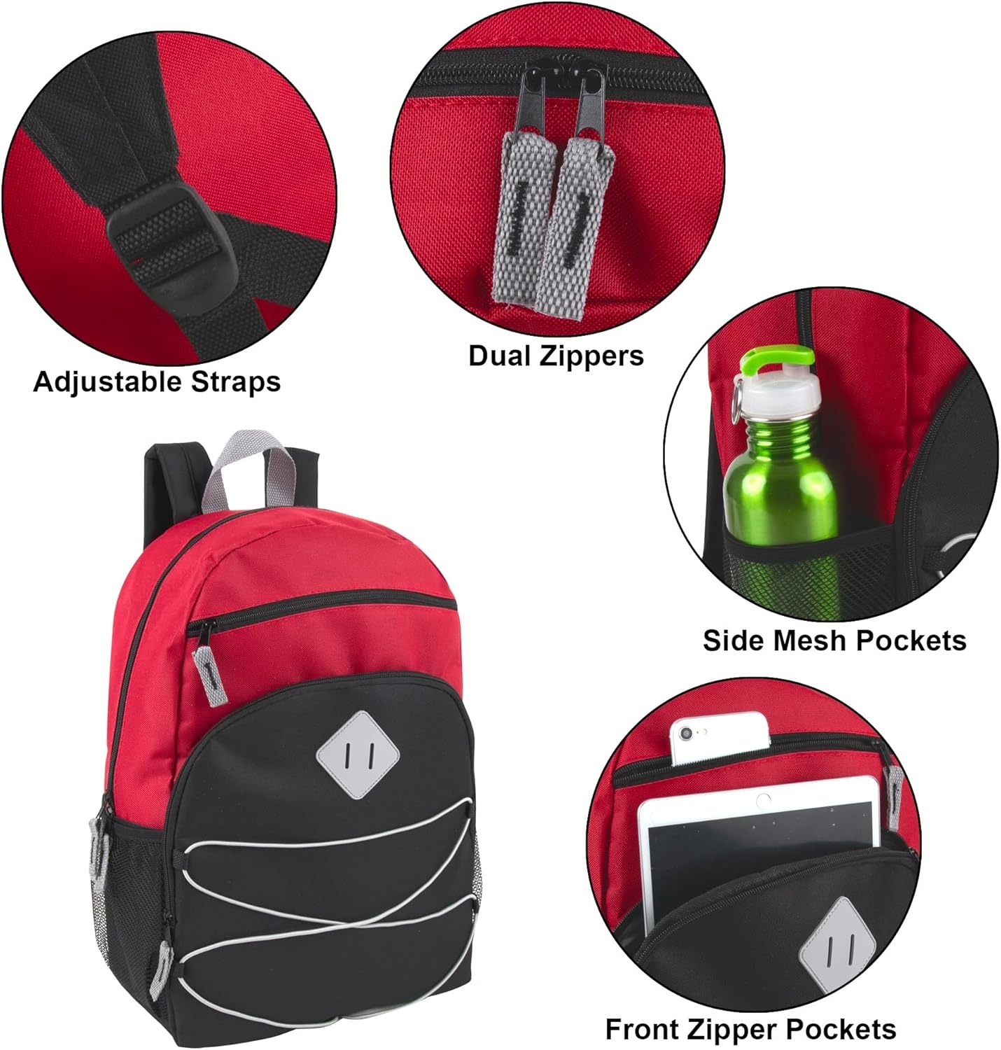 Adventure Trails 24 Pack Bulk Backpacks Wholesale for Homeless Men, Women, Donation | 17 Inch Dual Compartment Bungee Backpacks with Pockets (Dark Colors Pack)(Dark Colors Pack)