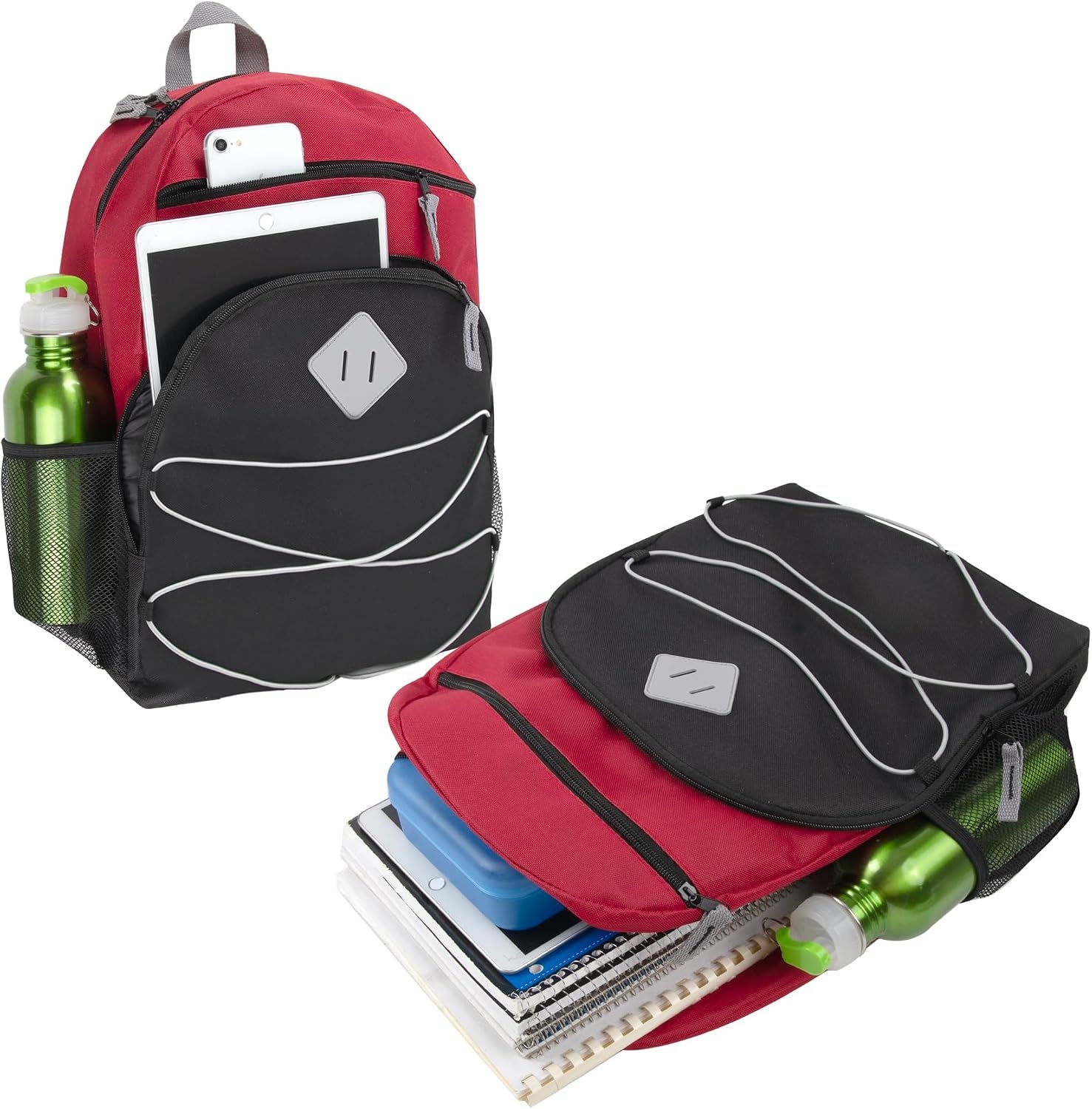Adventure Trails 24 Pack Bulk Backpacks Wholesale for Homeless Men, Women, Donation | 17 Inch Dual Compartment Bungee Backpacks with Pockets (Dark Colors Pack)(Dark Colors Pack)