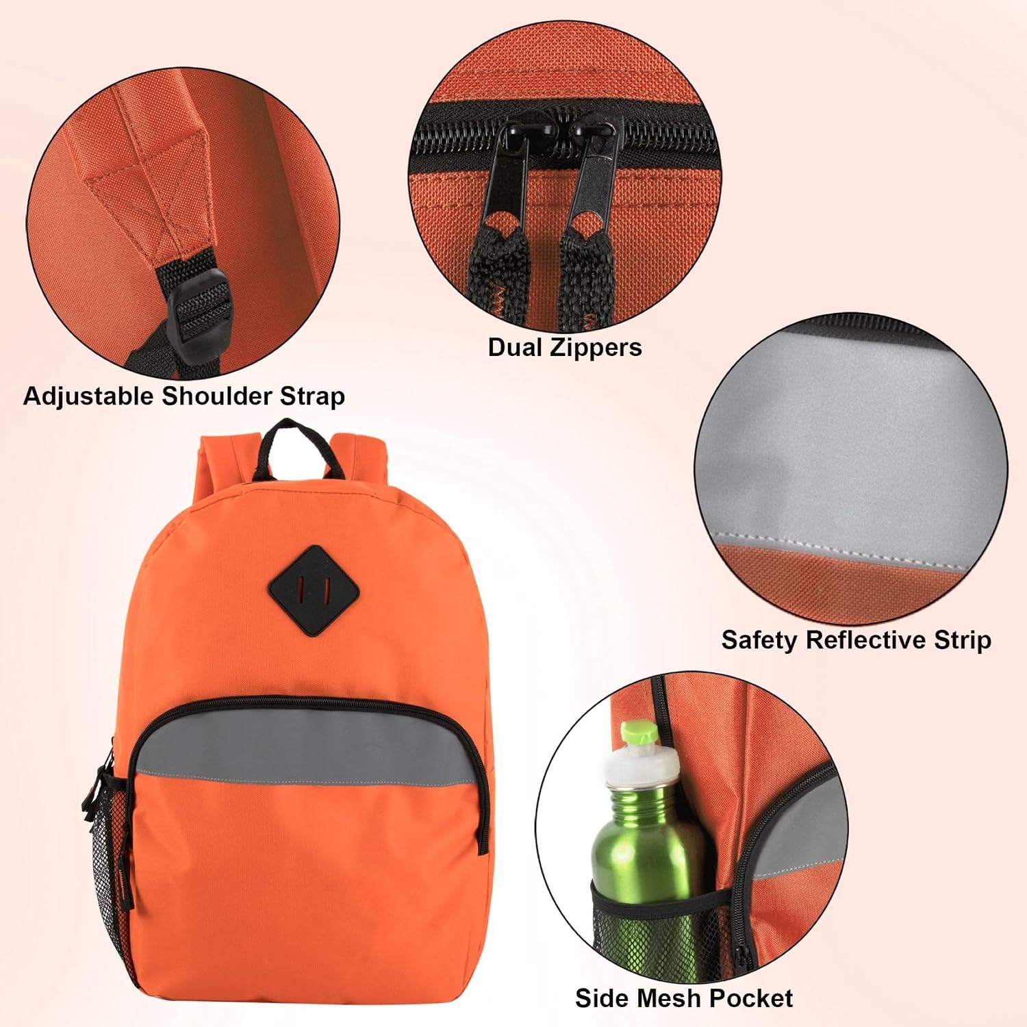 Trail maker Bulk Kids Reflective Backpack Wholesale 24 Pack Backpacks with Side Pockets, Padded (10 Colors Pack)(Orange)