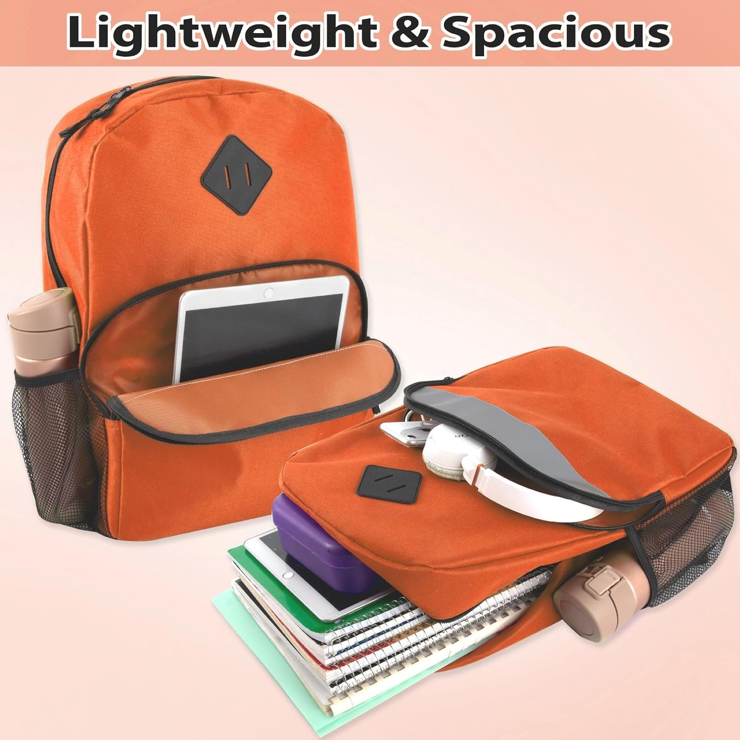Trail maker Bulk Kids Reflective Backpack Wholesale 24 Pack Backpacks with Side Pockets, Padded (10 Colors Pack)(Orange)