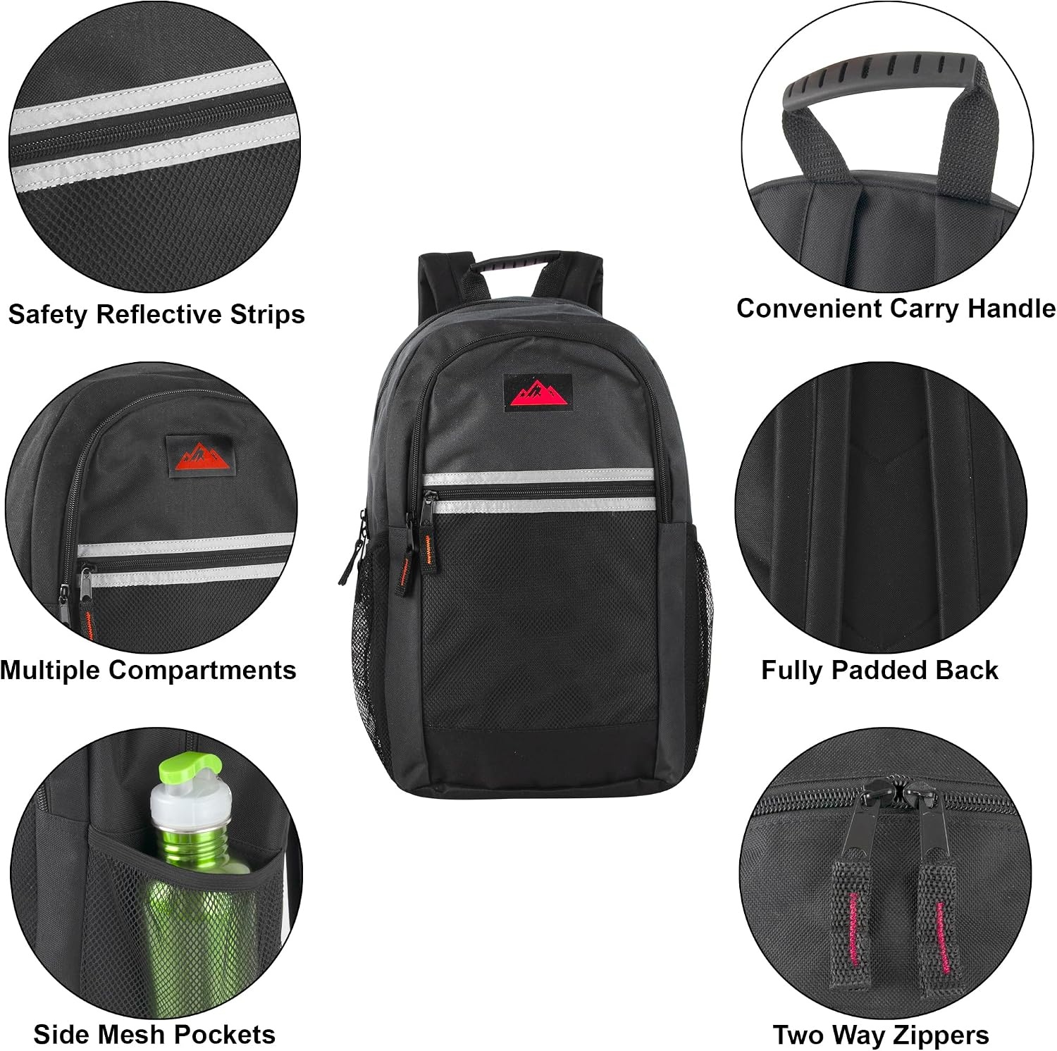 Summit Ridge 24 Pack Bulk Reflective Backpacks Wholesale for College Men, Women, Homeless Adults (Female Colors Pack)(All Black Pack)