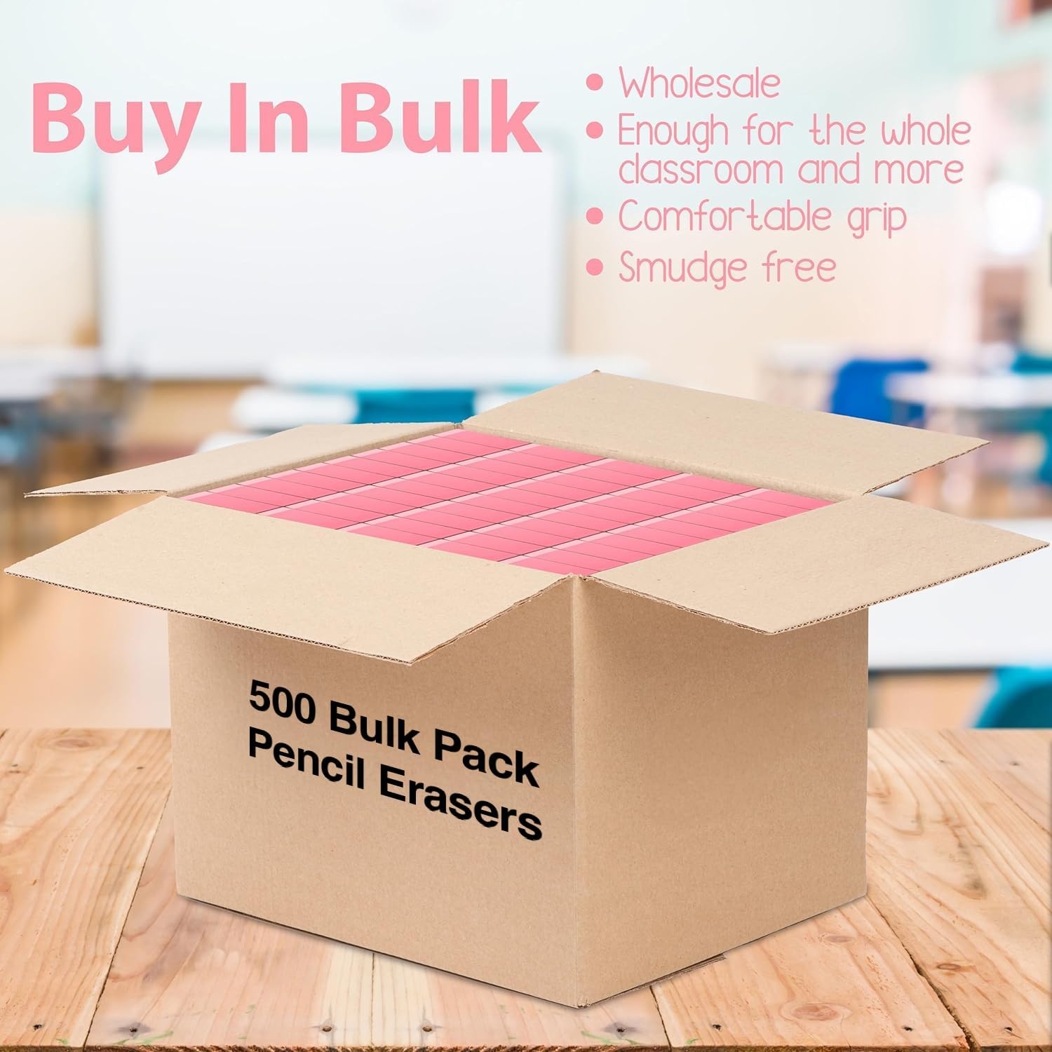 Trailmaker (500 Pack) Pink Bevel Erasers for Kids & Students, Large Latex Free Pencil Erasers, Bulk School Supplies with 100 Individually Packed 5-Packs for Classroom, Teachers & School Drives(500 Erasers)