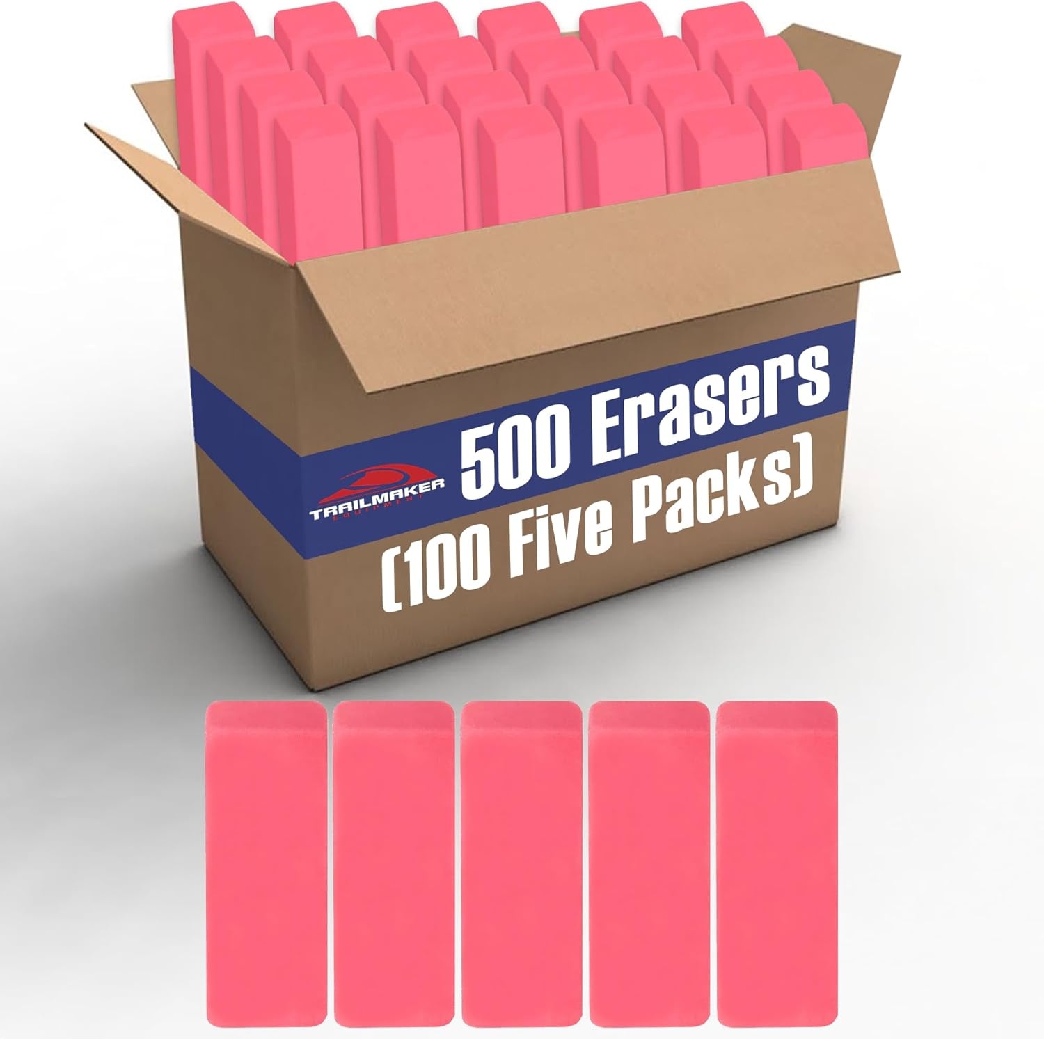 Trailmaker (500 Pack) Pink Bevel Erasers for Kids & Students, Large Latex Free Pencil Erasers, Bulk School Supplies with 100 Individually Packed 5-Packs for Classroom, Teachers & School Drives(500 Erasers)