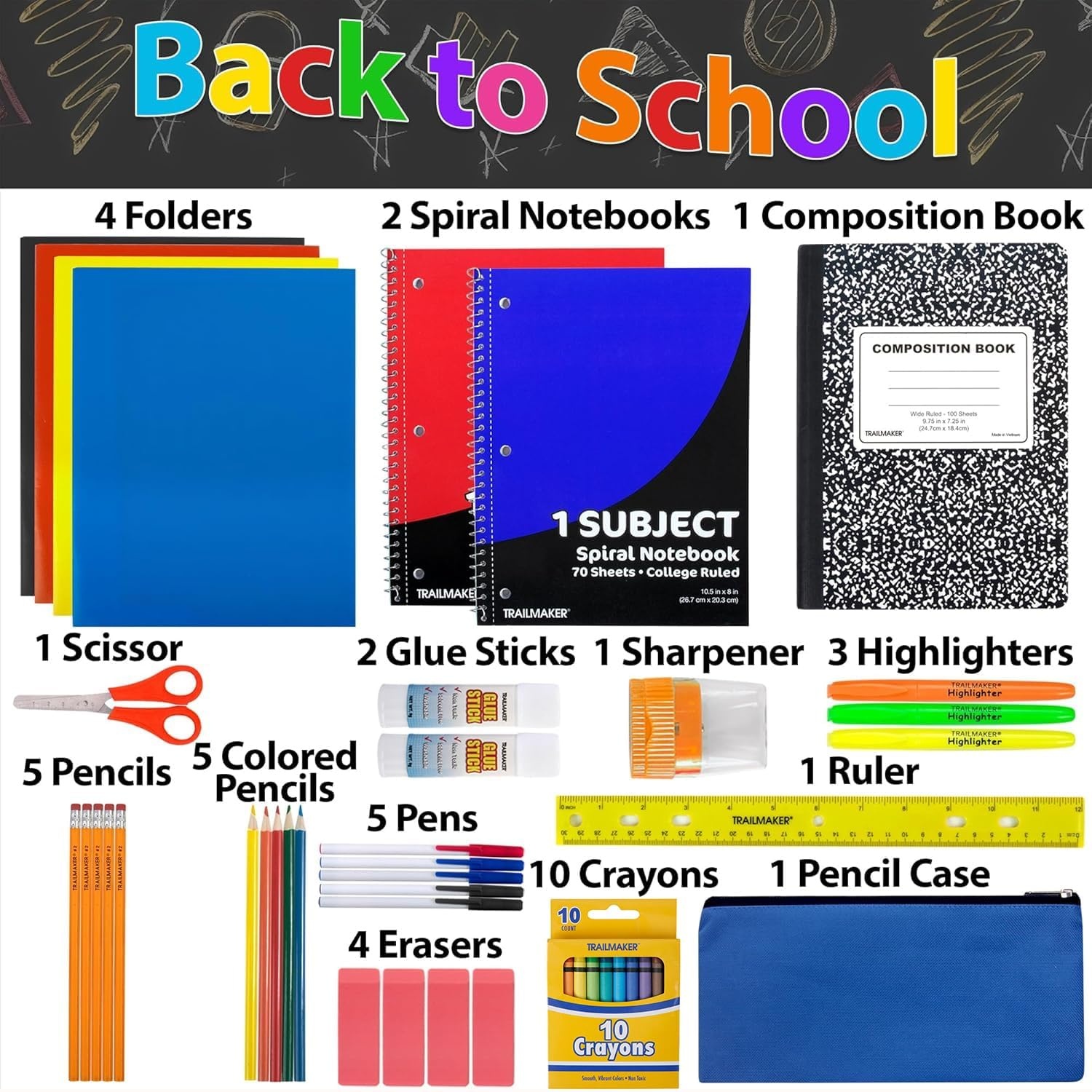 Trail maker School Supplies Kit 45 Piece School Supply Kit Grades K-12 – Back to School Essentials Includes Folders Notebooks Pencils Pens and Much More (1 Count (Pack of 45))