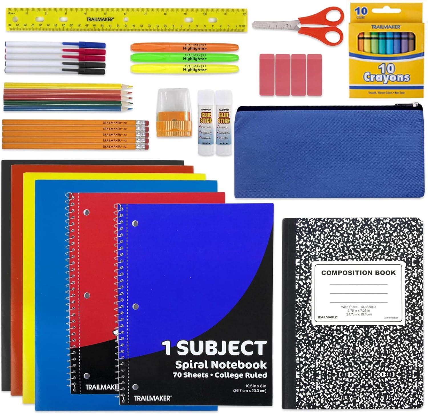 Trail maker School Supplies Kit 45 Piece School Supply Kit Grades K-12 – Back to School Essentials Includes Folders Notebooks Pencils Pens and Much More (1 Count (Pack of 45))