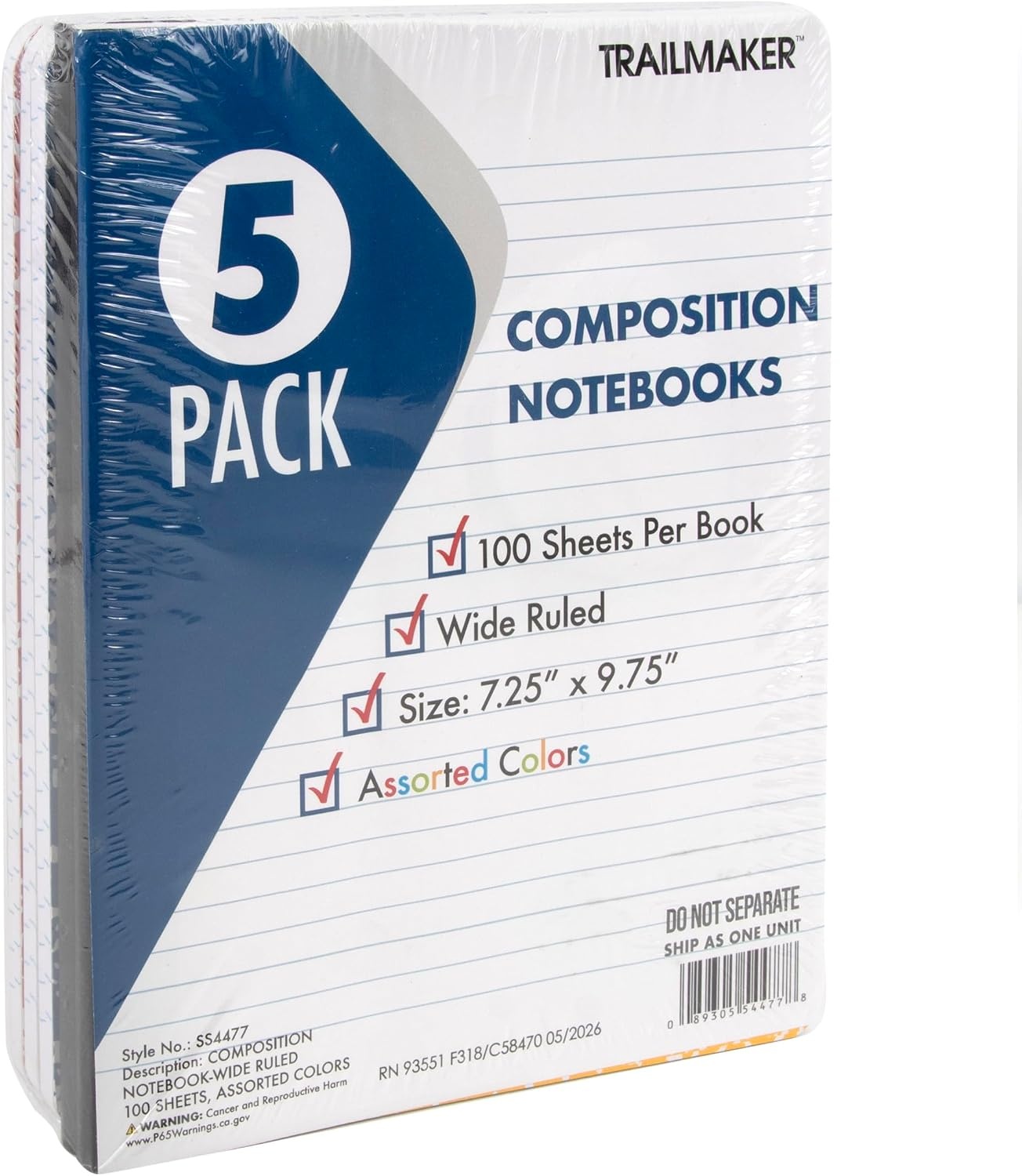 Trail maker 5 Pack Composition Notebooks Colored, Wide Ruled Marble Cover, 200 Pages (100 Sheets), 9.75 x 7.25, Bulk School Supplies for Classroom, Office & School Donations(5 pack)