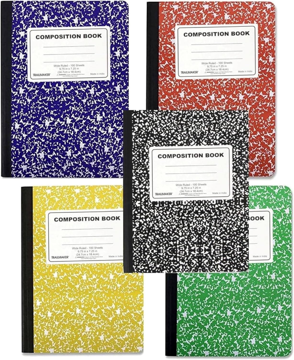 Trail maker 5 Pack Composition Notebooks Colored, Wide Ruled Marble Cover, 200 Pages (100 Sheets), 9.75 x 7.25, Bulk School Supplies for Classroom, Office & School Donations(5 pack)