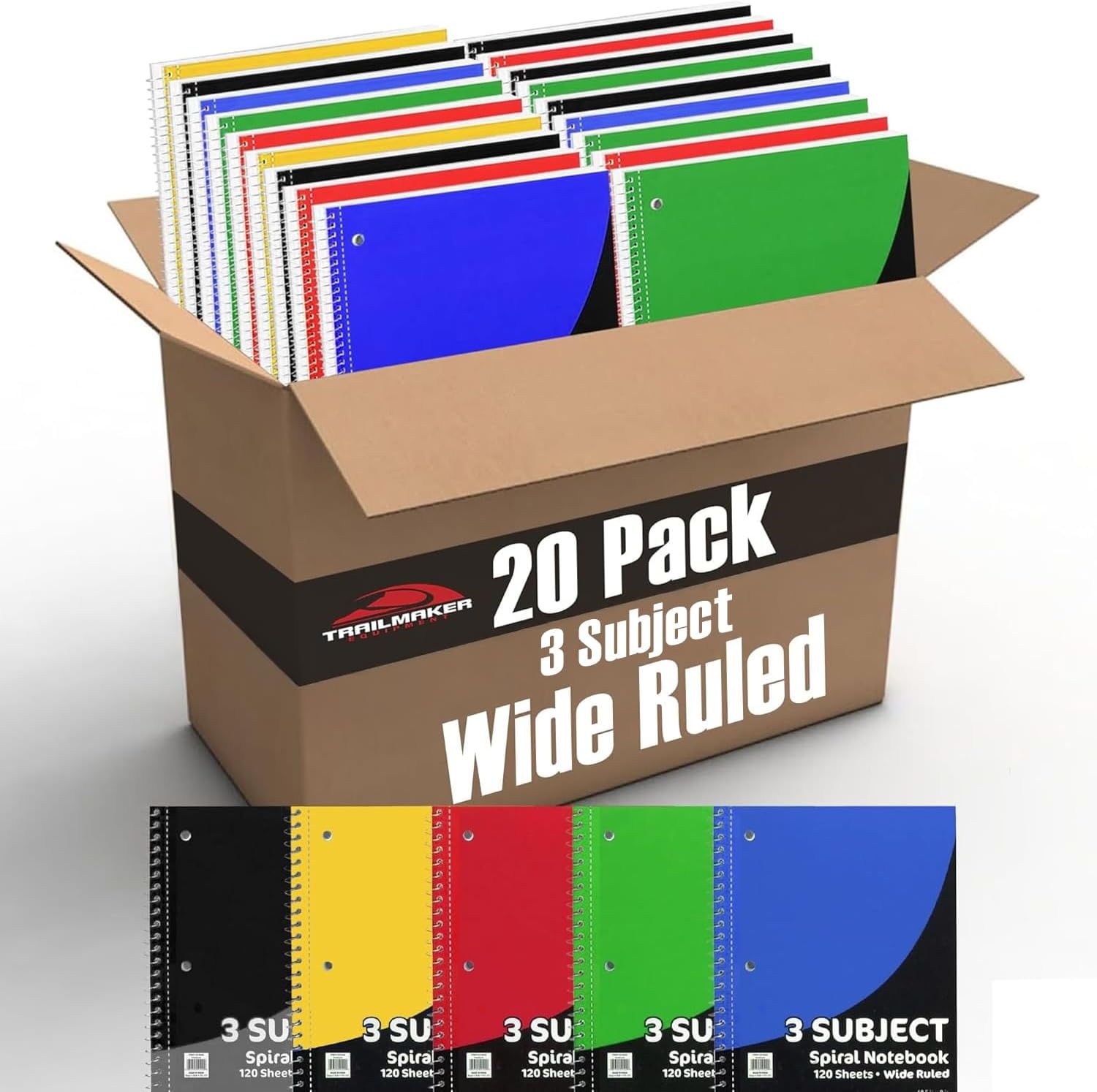 Trail maker Bulk Notebooks 20 Pack – 3 Subject Notebook Wide Ruled Bulk 3 Subject Spiral Notebooks for Kids, School, Notes, Students, Work