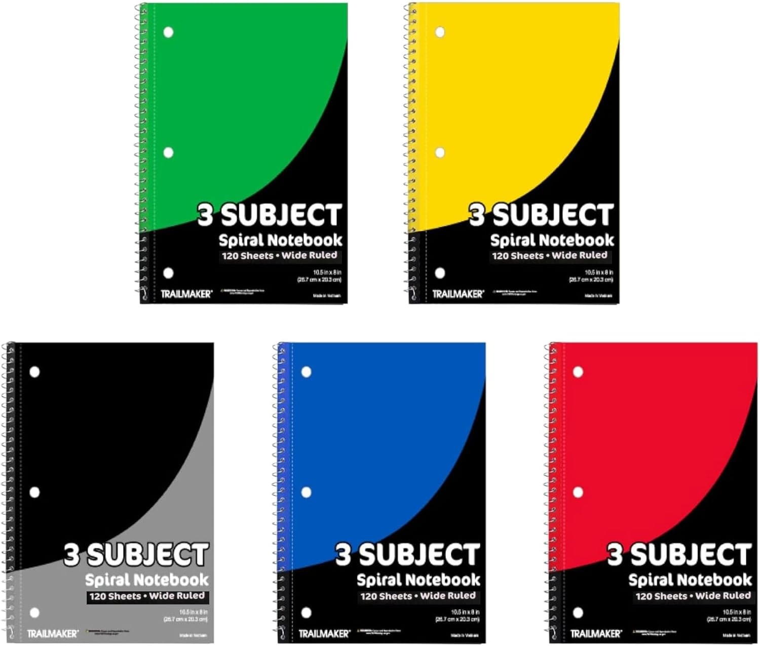 Trail maker Bulk Notebooks 20 Pack – 3 Subject Notebook Wide Ruled Bulk 3 Subject Spiral Notebooks for Kids, School, Notes, Students, Work