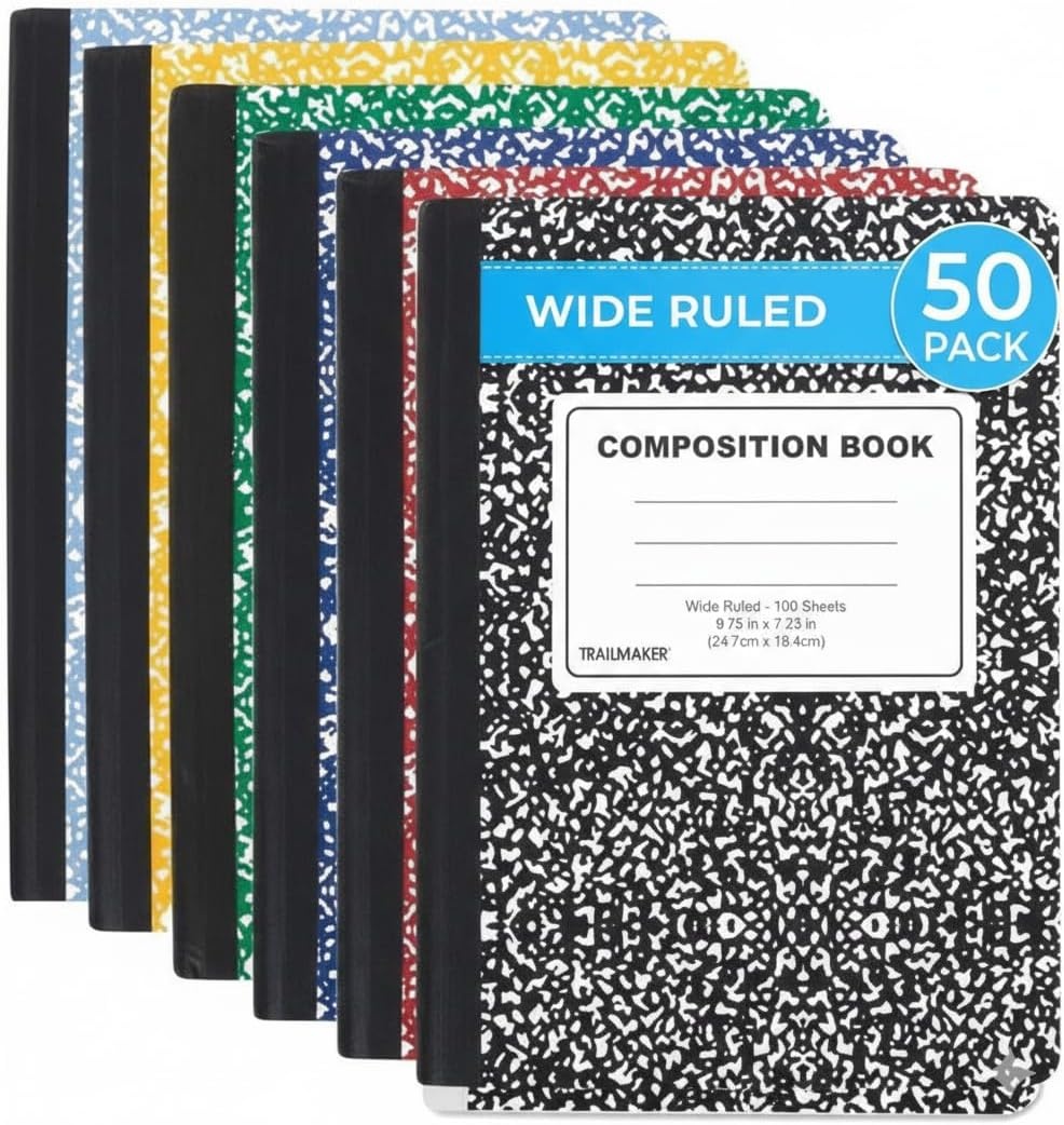Trail maker Bulk Composition Notebooks Colored (50 Pack), Wide Ruled Marble Cover, 200 Pages (100 Sheets), 9.75 x 7.5, Bulk School Supplies for Classroom, Office & School Donations(50 Pack)